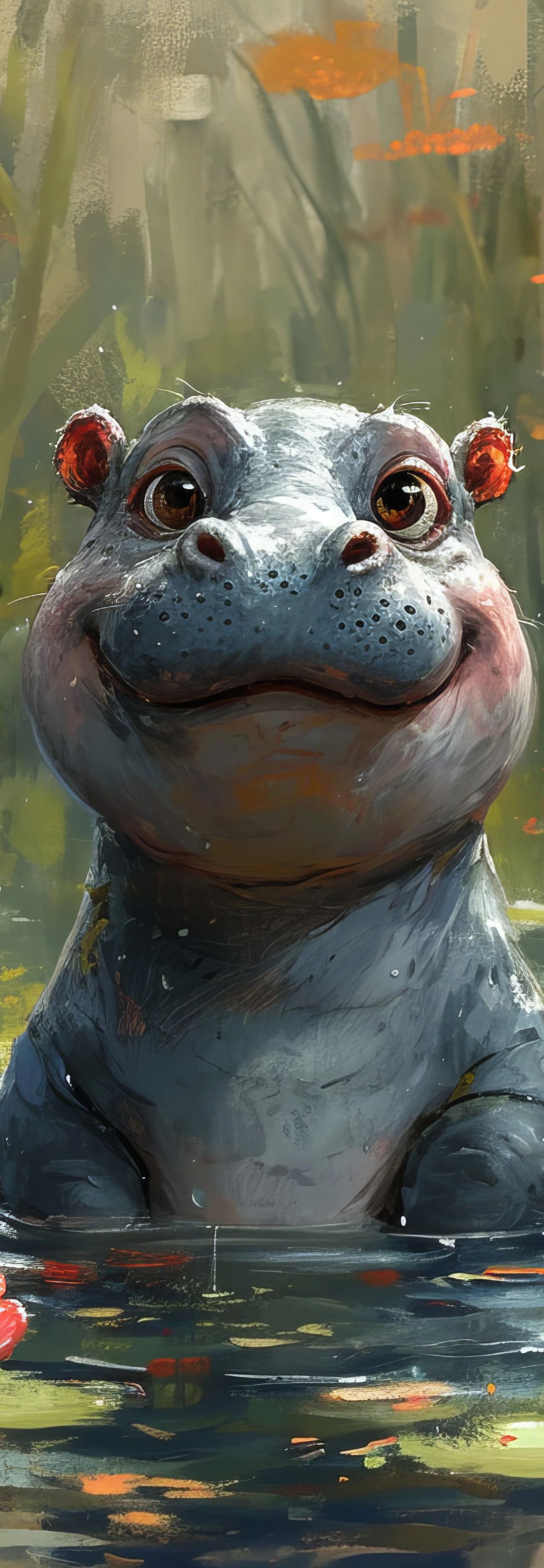 A gray hippopotamus with large eyes surfacing in a shallow pond filled with red lotus flowers and green aquatic plants