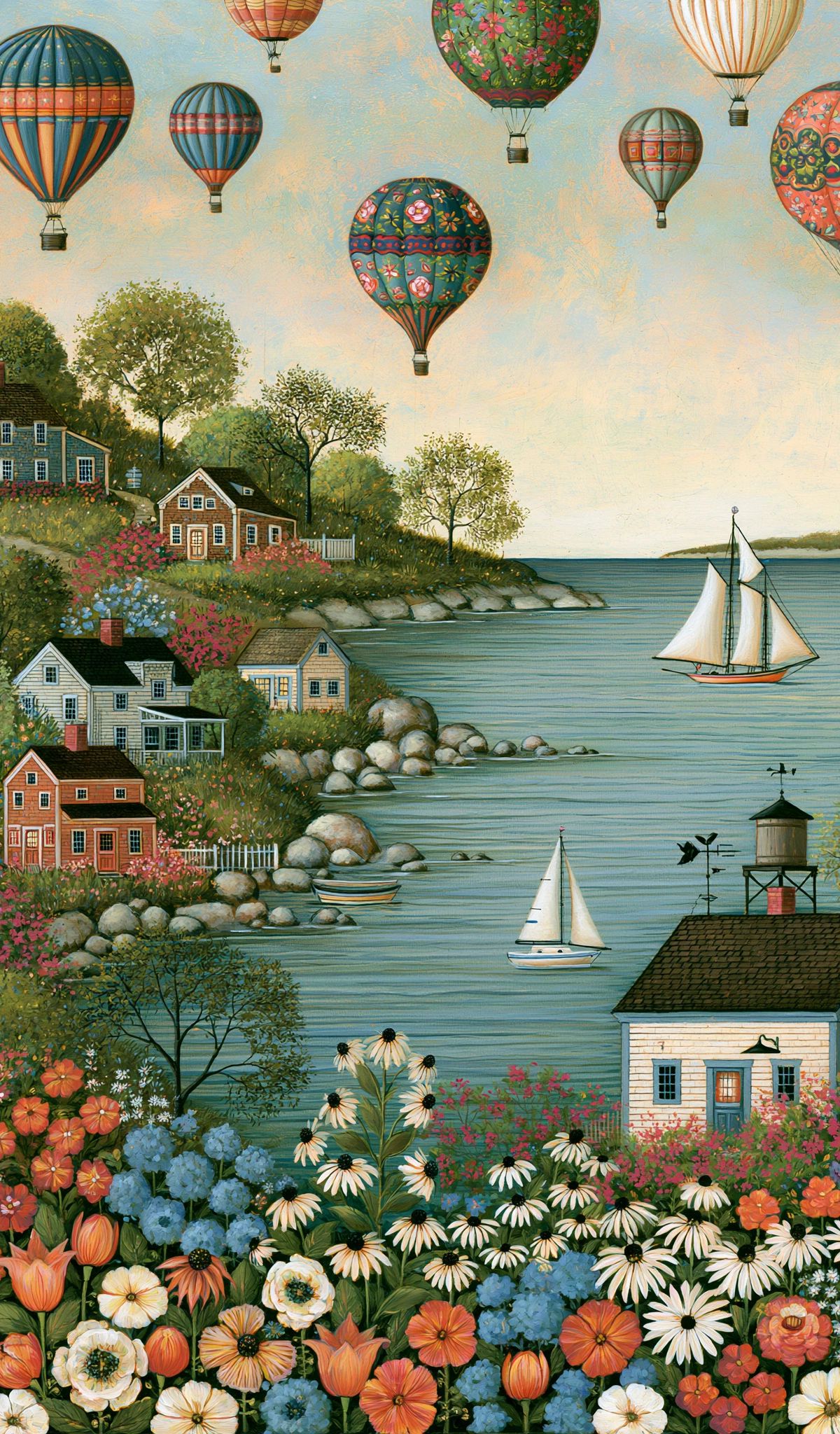 Illustration of a coastal village with colonial houses surrounded by vibrant flowers, overlooking a bay with sailboats, while numerous decorative hot air balloons float in the sky above