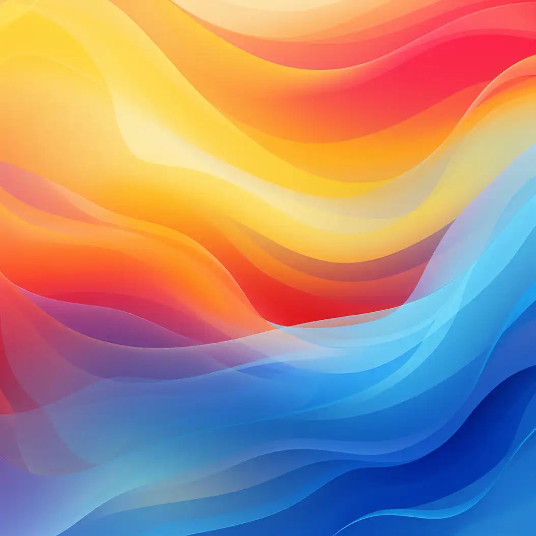 Abstract digital artwork featuring smooth flowing waves transitioning from warm orange and yellow tones into cool blue hues.