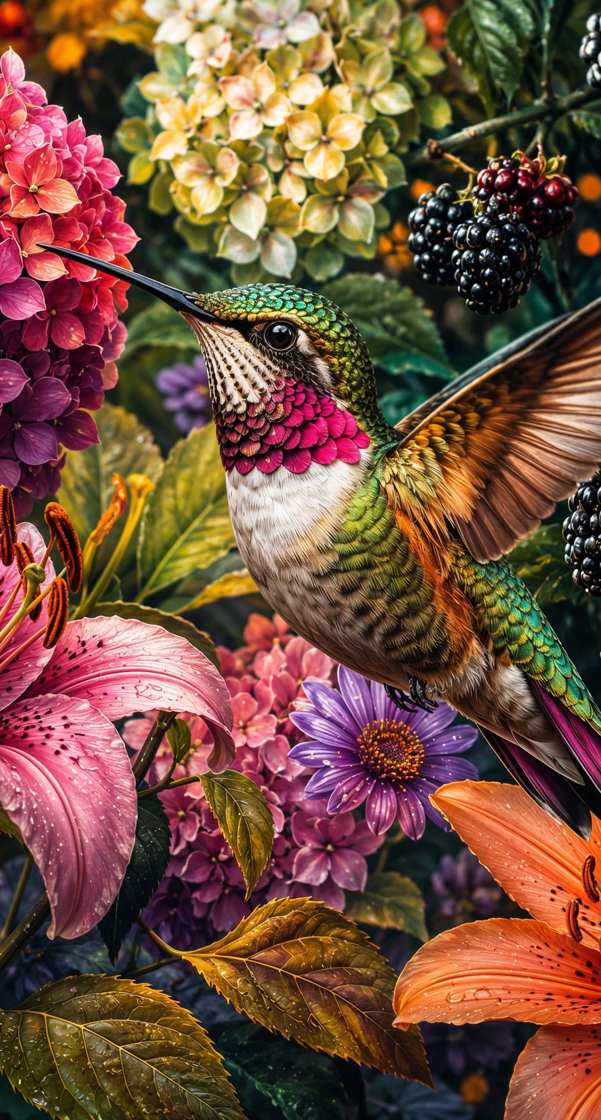 A green and pink hummingbird with outstretched wings amid pink hydrangeas, orange and pink lilies, white daisies, blackberries, and blueberries in a richly detailed garden composition