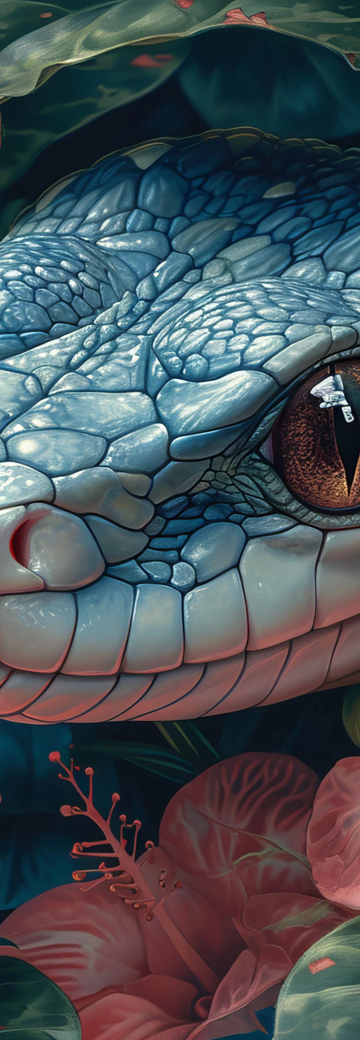 A blue iguana with detailed scaled texture and amber eye surrounded by pink hibiscus flowers and green leaves in digital art style