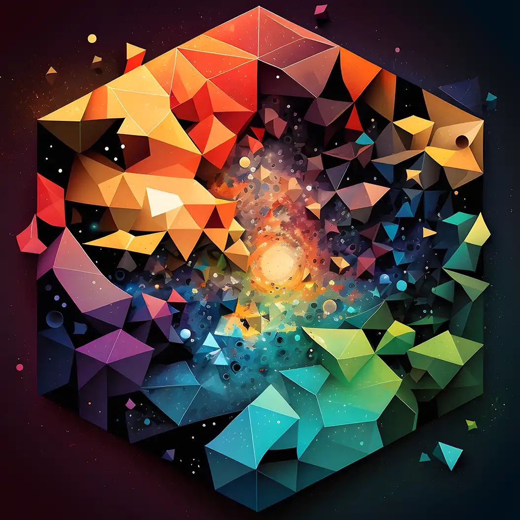 An abstract low-poly hexagon composed of colorful triangular facets fading into a starry black void at its center.