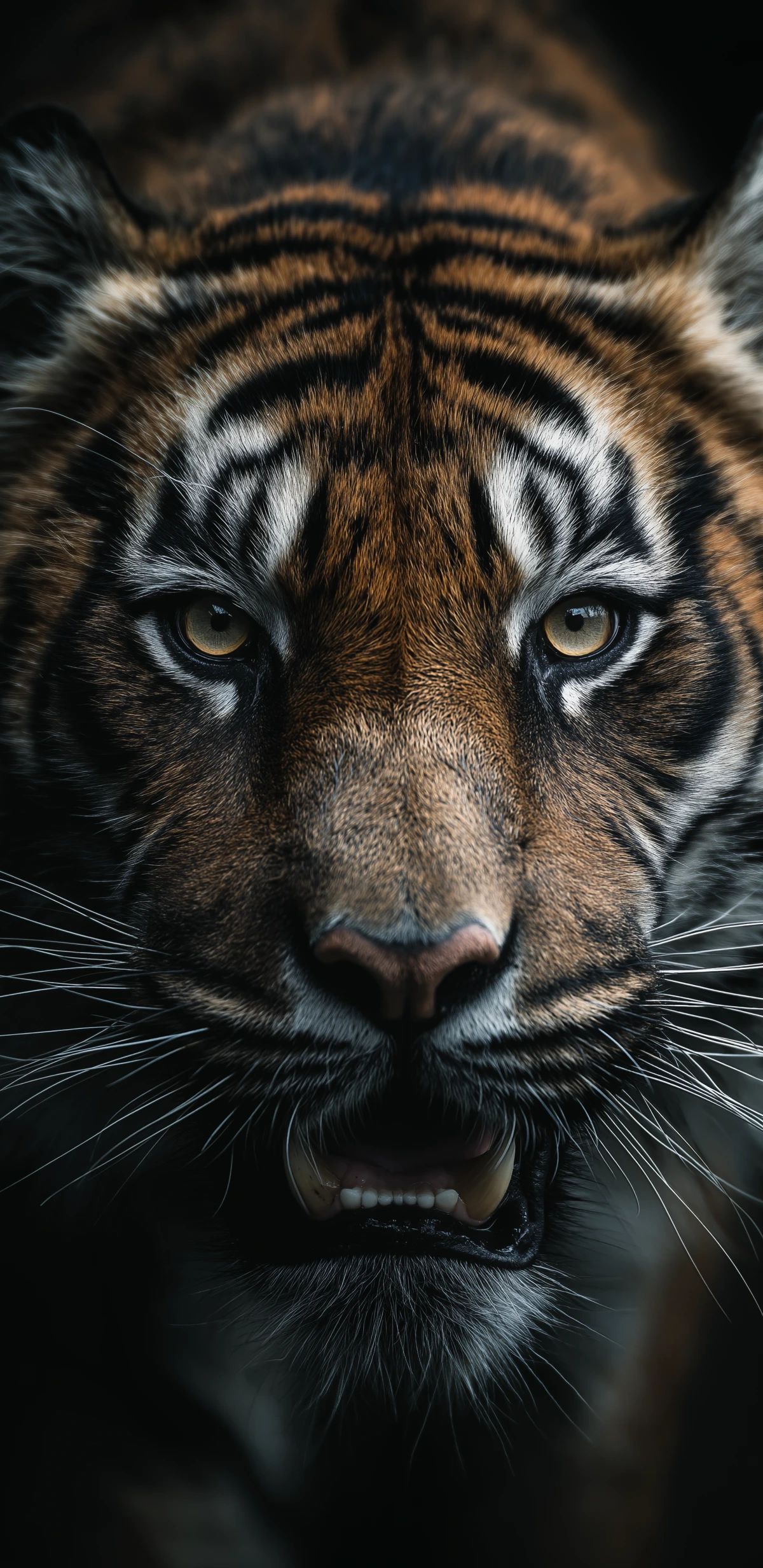 Close-up portrait of a tiger's face with piercing golden eyes, distinctive white and black stripes, and whiskers against a dark background