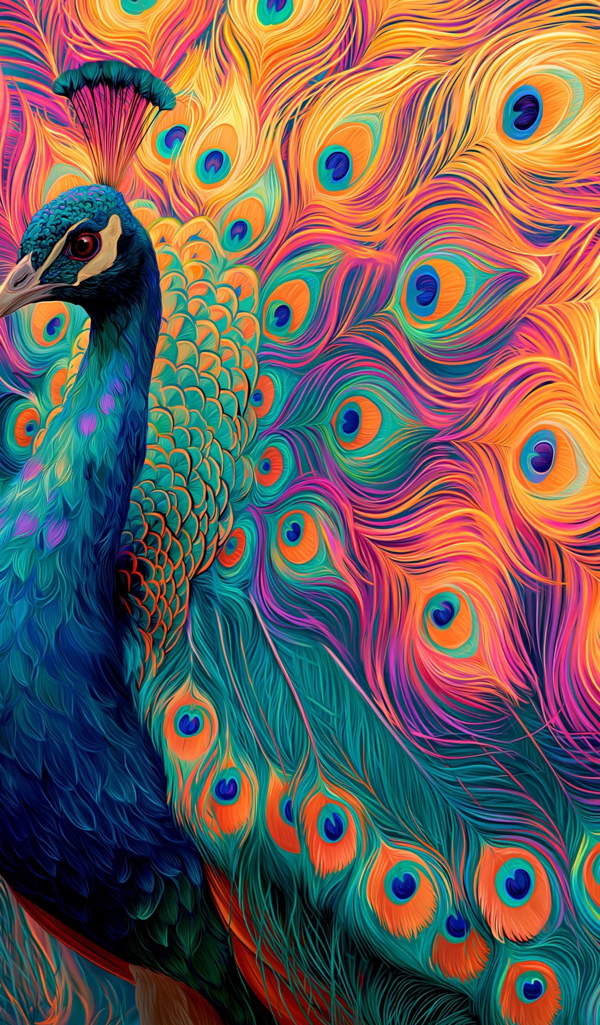 A stylized peacock with iridescent blue-green plumage and elaborate tail feathers displaying psychedelic swirling patterns in vibrant oranges, pinks, yellows, and blues against a fluid, colorful background.