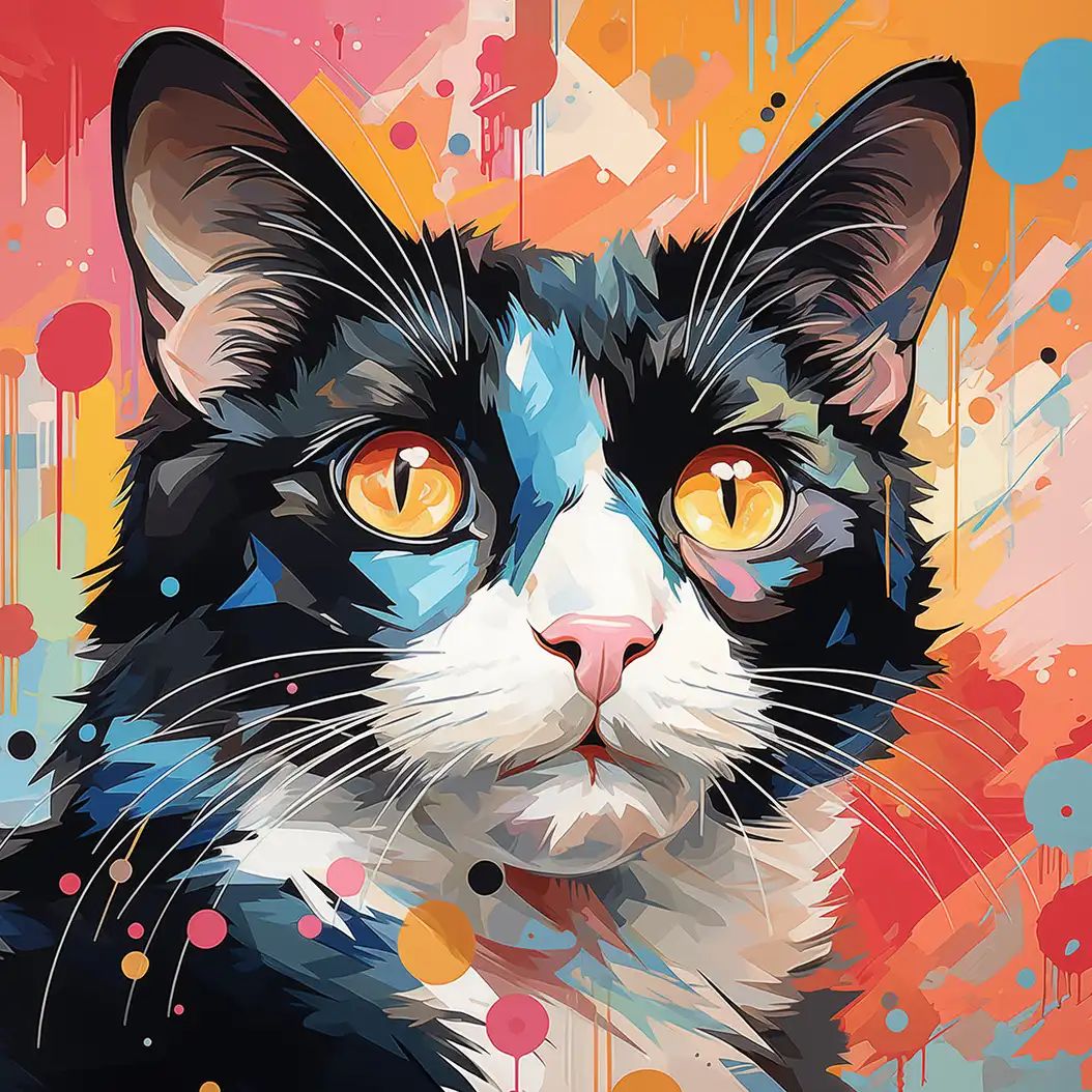 Digital illustration of a black and white cat's face with bright yellow eyes against a vibrant splattered paint background.
