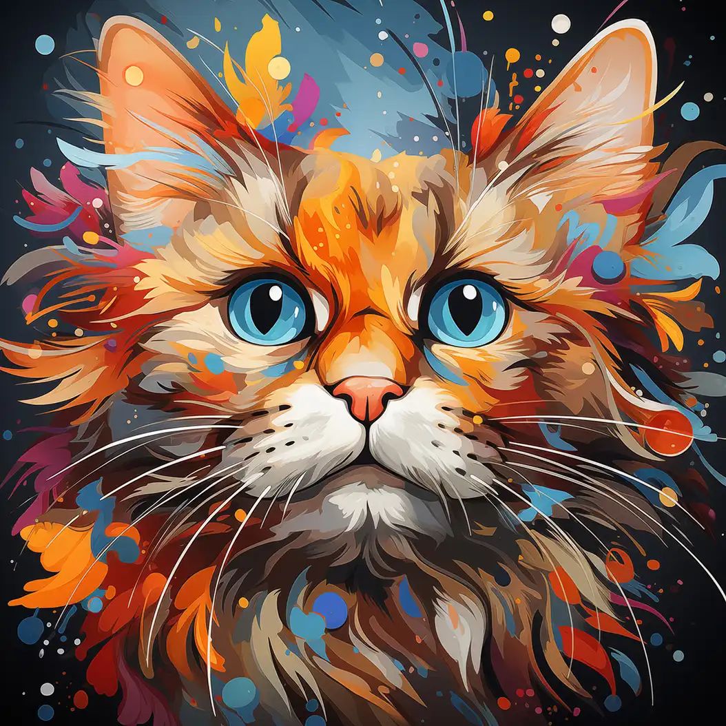 Vivid digital illustration of an orange cat with piercing blue eyes surrounded by colorful paint splatters and abstract swirls.