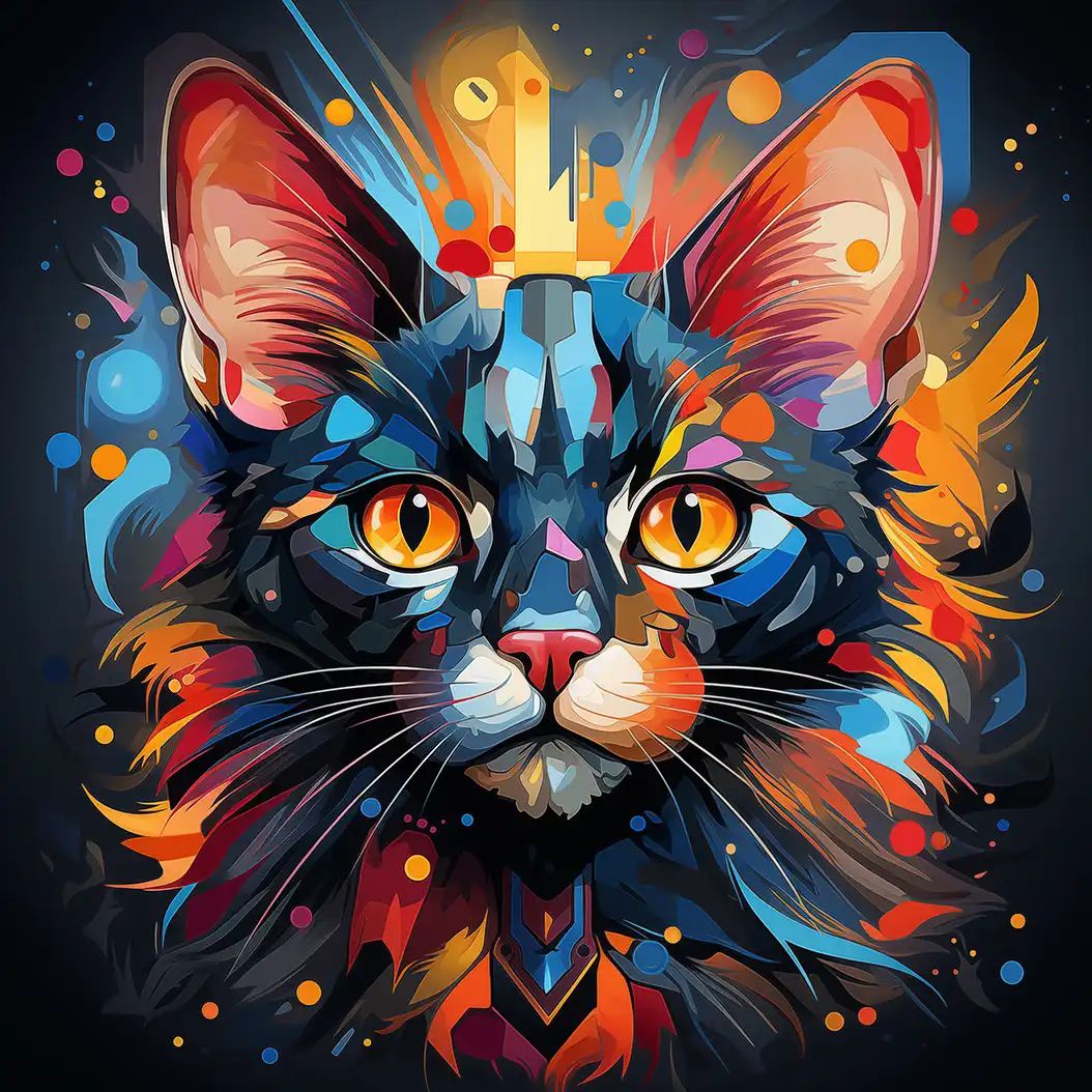 Vibrant digital illustration of a cat's face with striking yellow eyes, surrounded by abstract splashes of red, blue, and orange color.