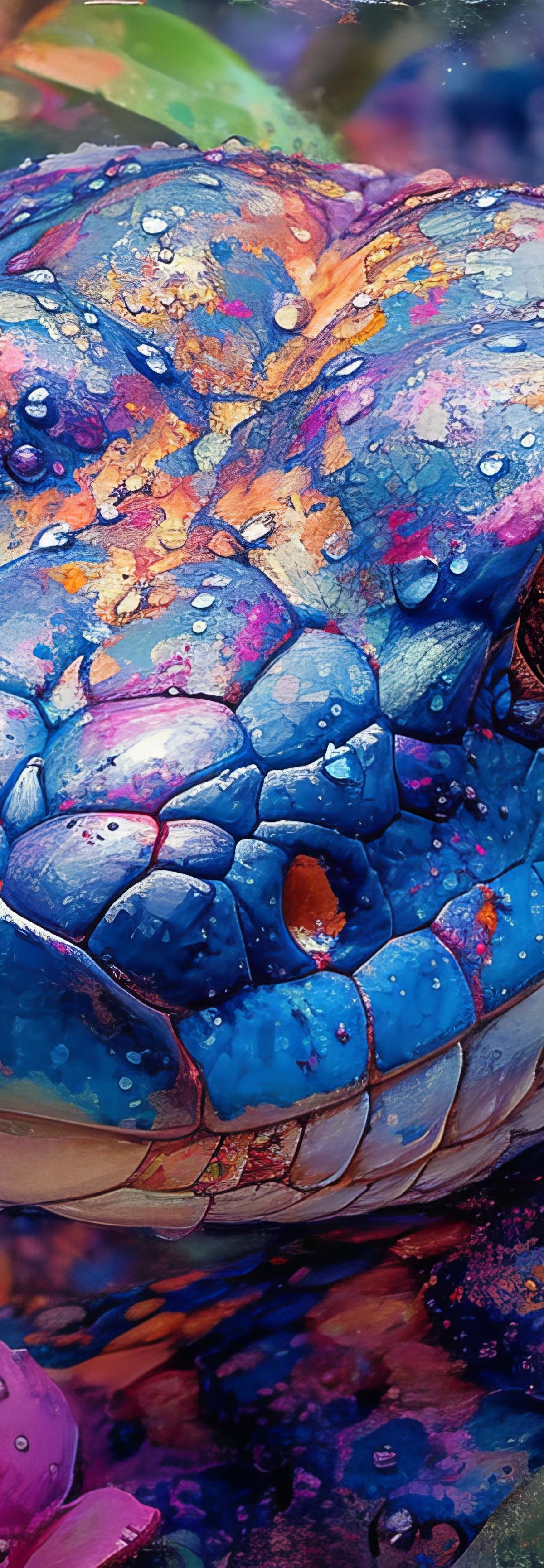 A highly detailed illustration of a colorful reptile with iridescent blue, purple, orange and gold scales covered in water droplets, surrounded by magenta and orange flowers with green foliage