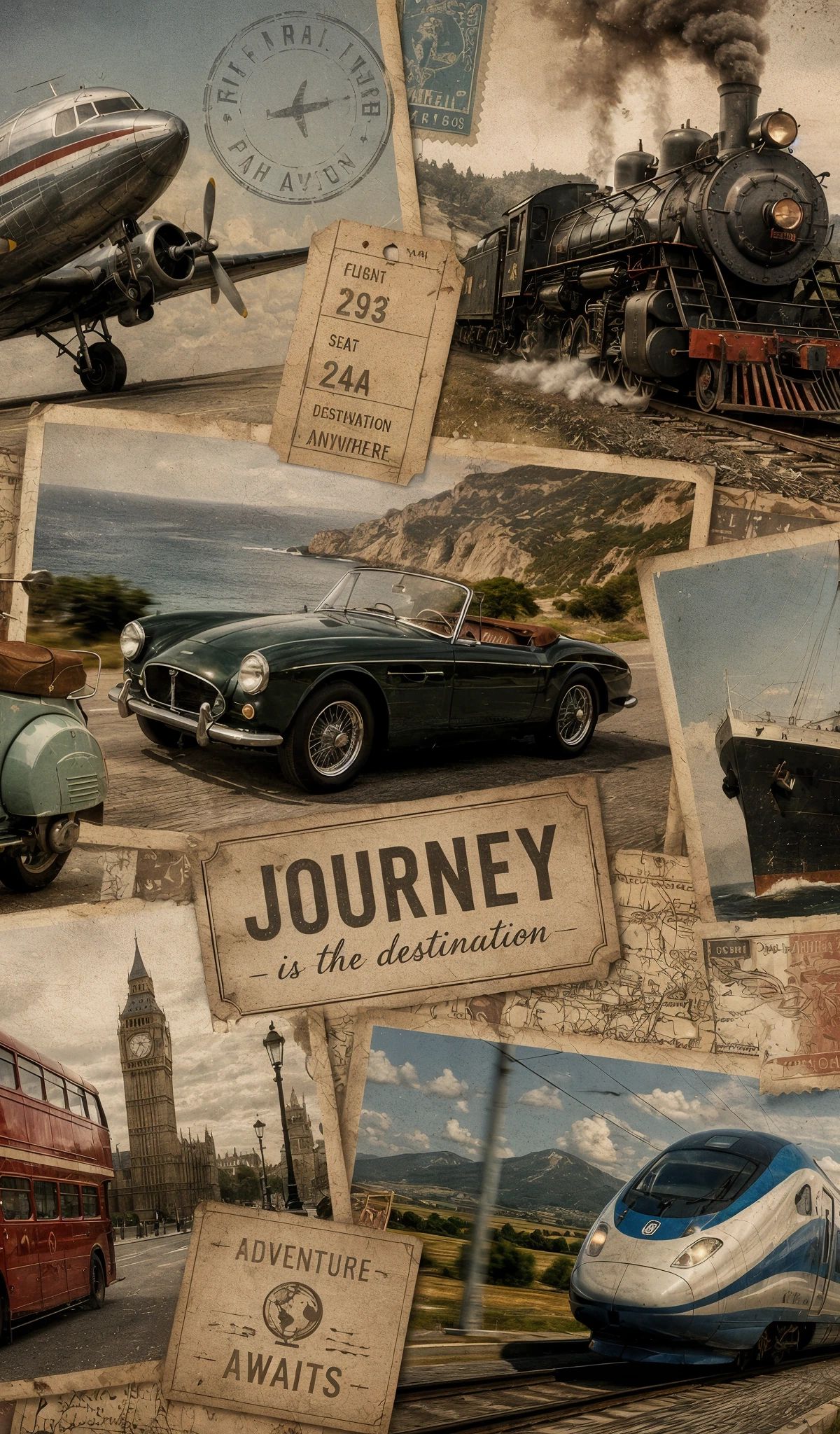 Vintage collage featuring multiple modes of transport including a DC-3 airplane, steam locomotive, luxury ocean liner, classic convertible car, Vespa scooter, double-decker bus, and high-speed train, arranged with old railway tickets, postcards, maps, and travel ephemera on a sepia-toned background