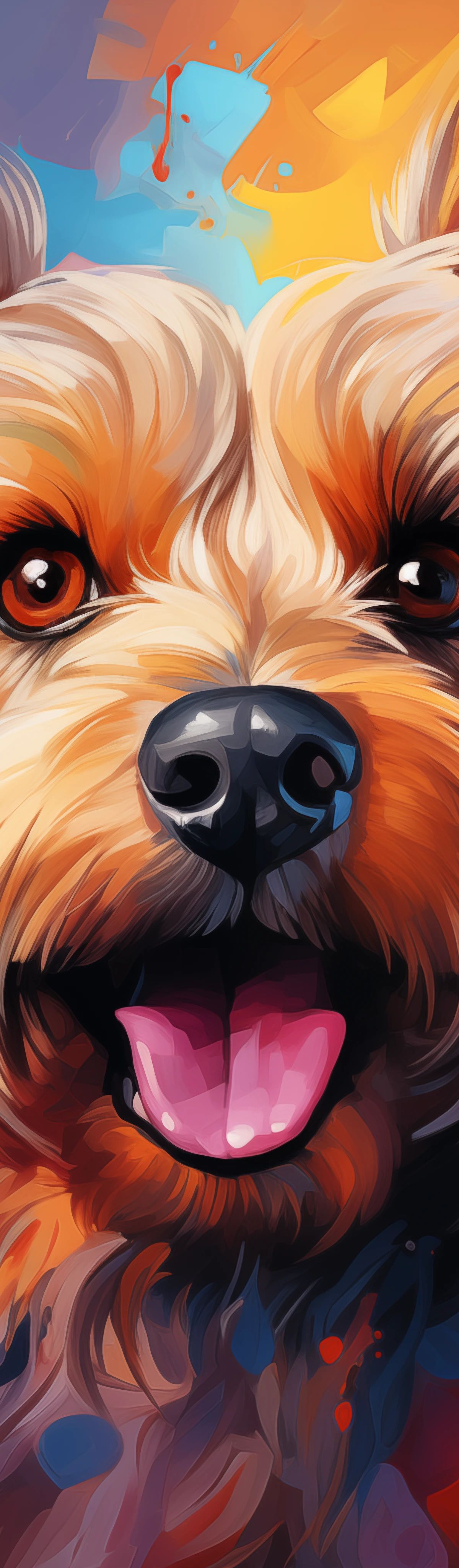 Colorful digital pop art illustration of a smiling terrier dog with orange and cream fur, prominent eyes, and pink tongue against a vibrant gradient background with orange, blue, and purple tones