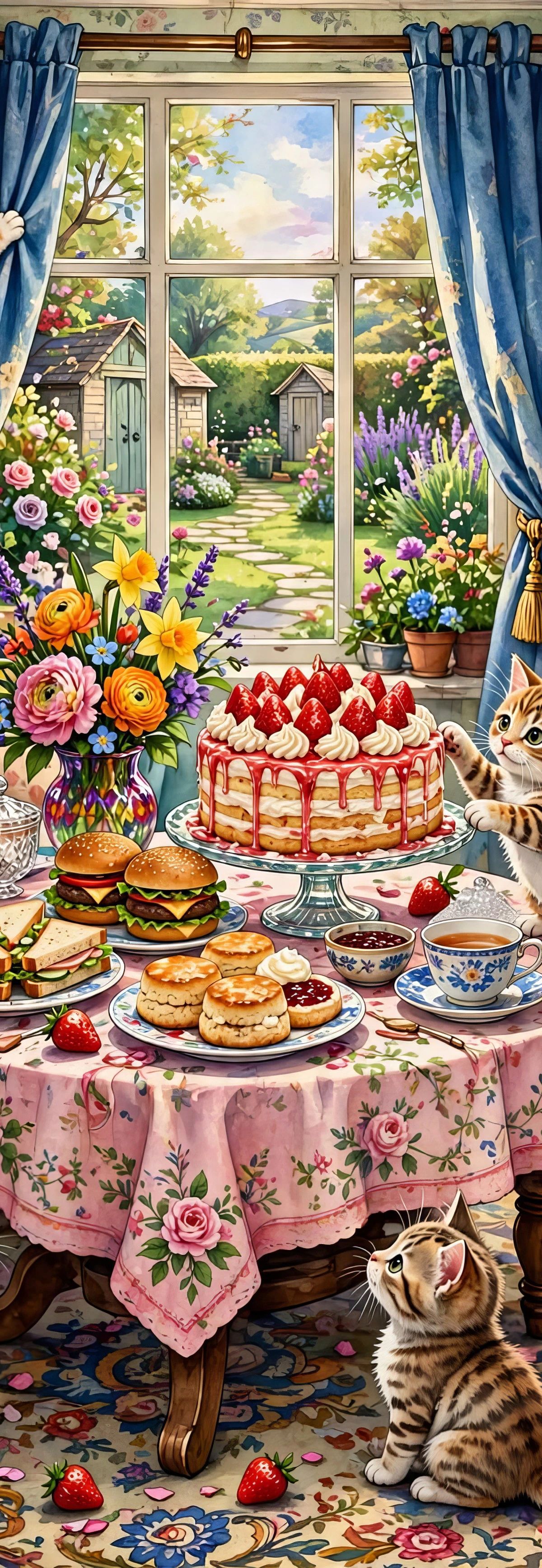 Multiple tabby kittens and a brown-and-white bulldog seated around a pink floral tablecloth enjoying an elaborate tea party with a decorated cake, fresh flowers in vases, teacups, and a fireplace in a flowered Victorian room with large windows overlooking a garden.