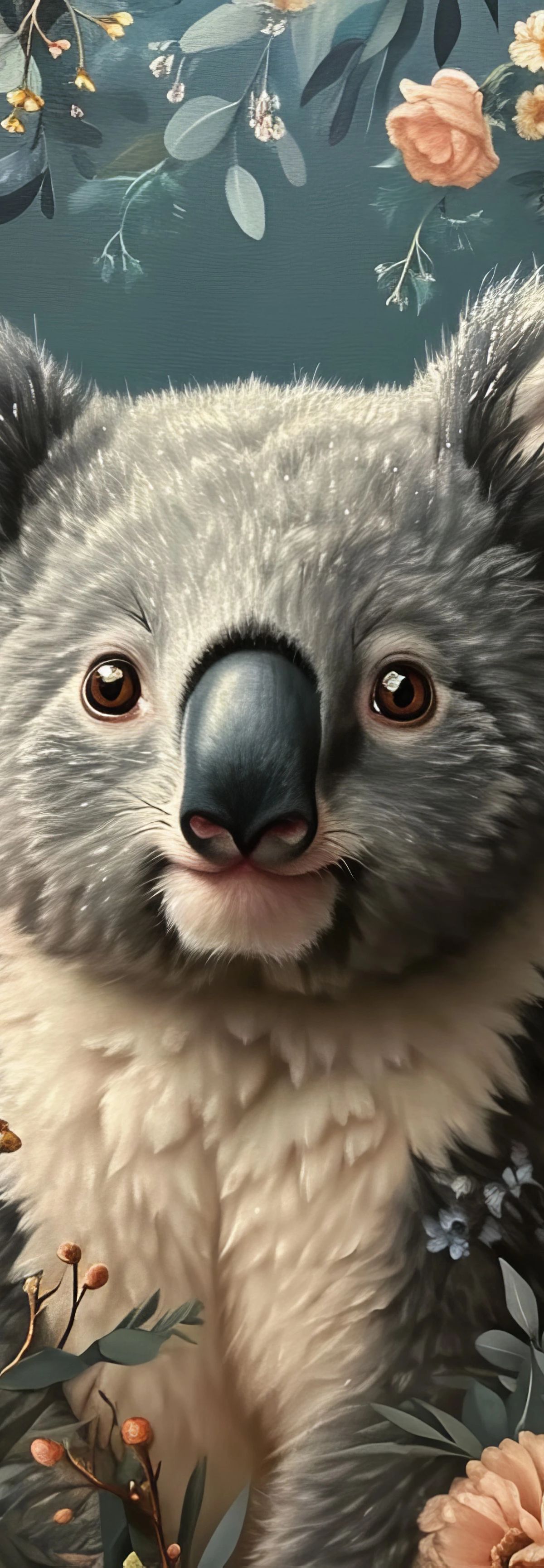 A digital illustration of a fluffy koala centered in the frame, surrounded by coral and peach-colored flowers, white blooms, and green leaves against a teal-blue background
