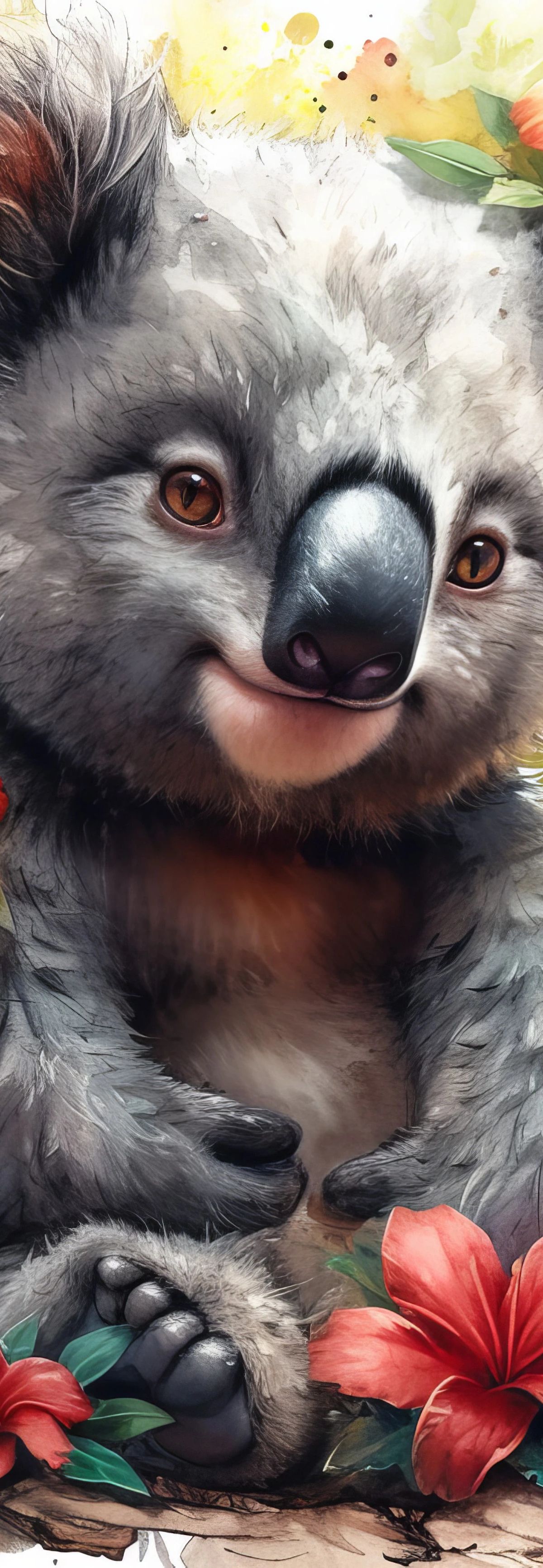 Watercolor illustration of a koala with gray and black fur and brown eyes, nestled among red and yellow hibiscus flowers with green leaves, with yellow and orange watercolor splashes in the background
