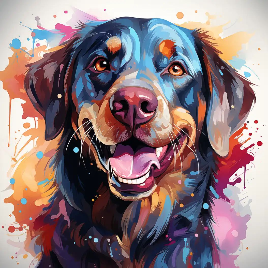 Colorful digital watercolor-style illustration of a smiling Labrador Retriever's face surrounded by vibrant paint splatters.