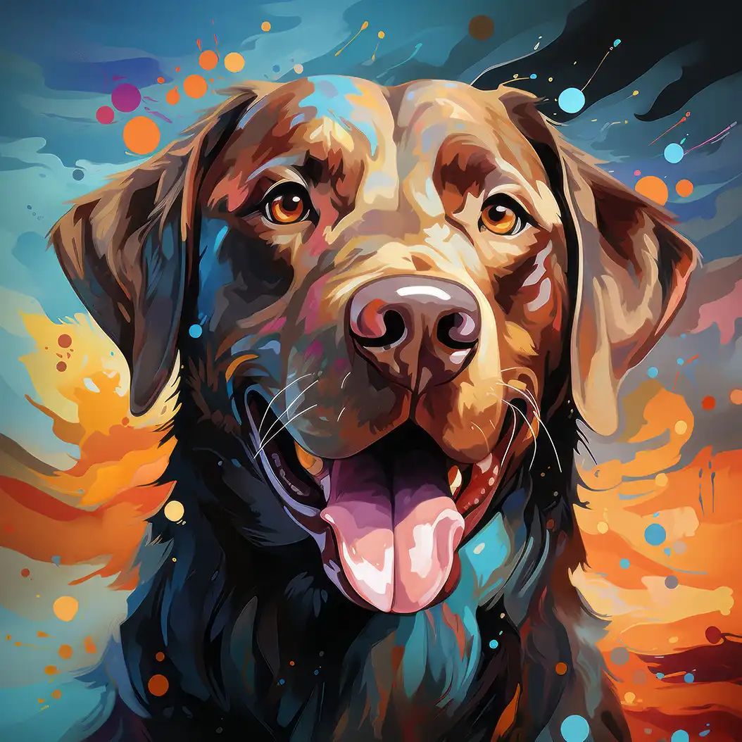 Vibrant digital painting of a smiling chocolate Labrador retriever with tongue out against a colorful splattered abstract background.