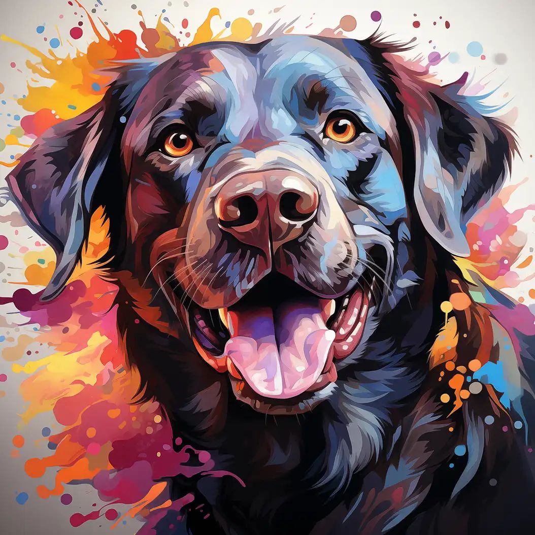 Colorful digital illustration of a smiling black labrador retriever with tongue out, surrounded by vibrant paint splatters.