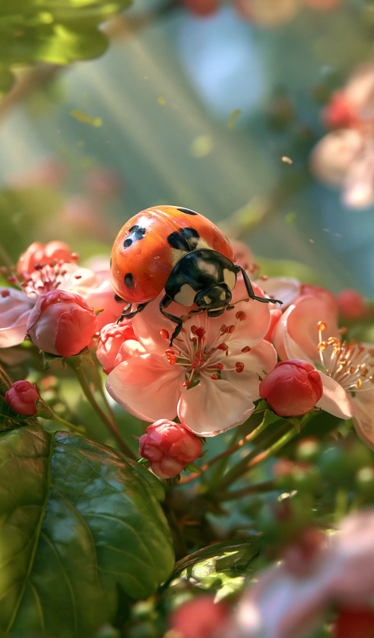 A red ladybug with black spots on a pink flower with green leaves and buds in a sunny garden setting