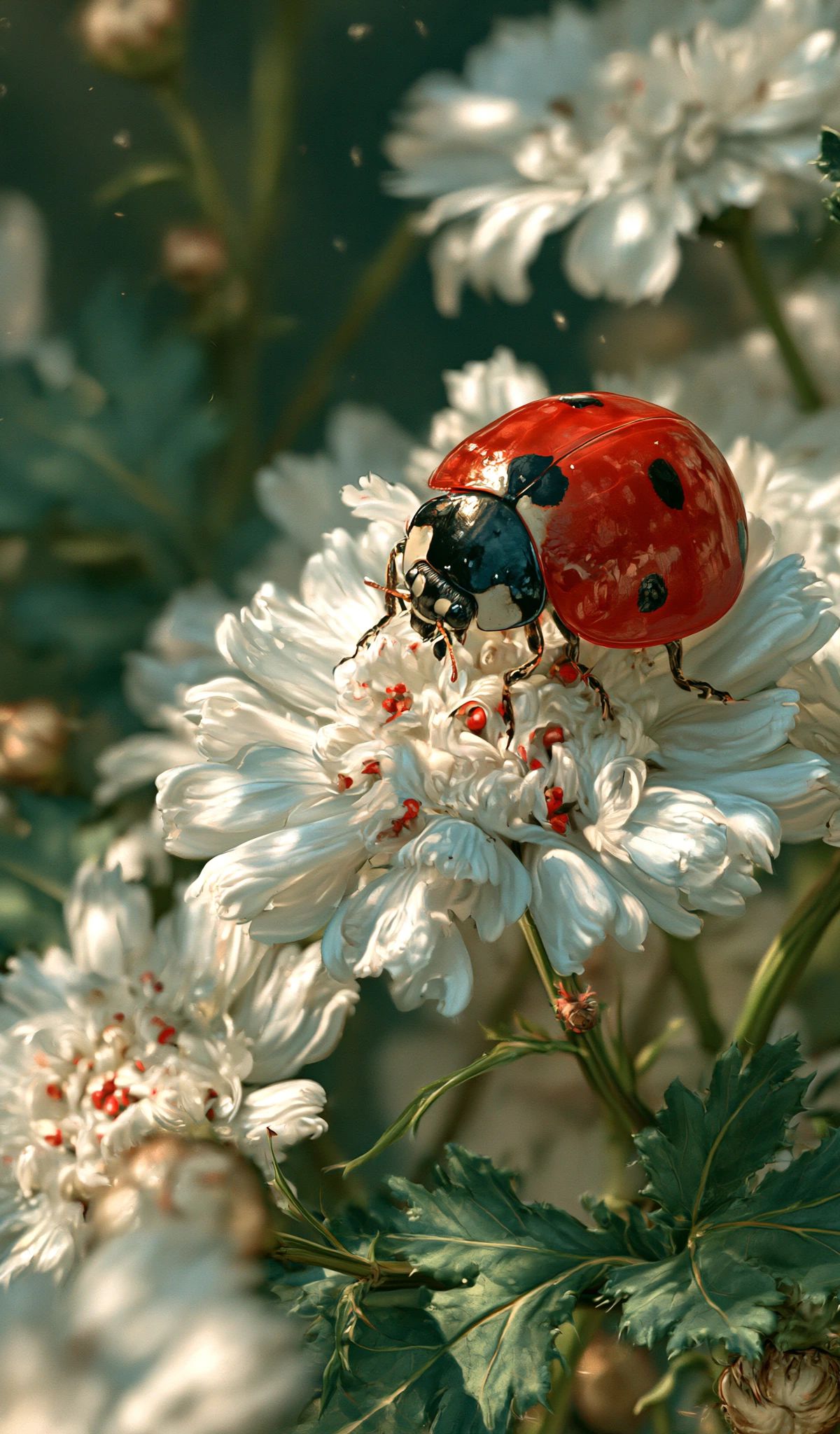 A bright red ladybug with black spots perched on white multi-petaled flowers surrounded by green foliage in natural daylight