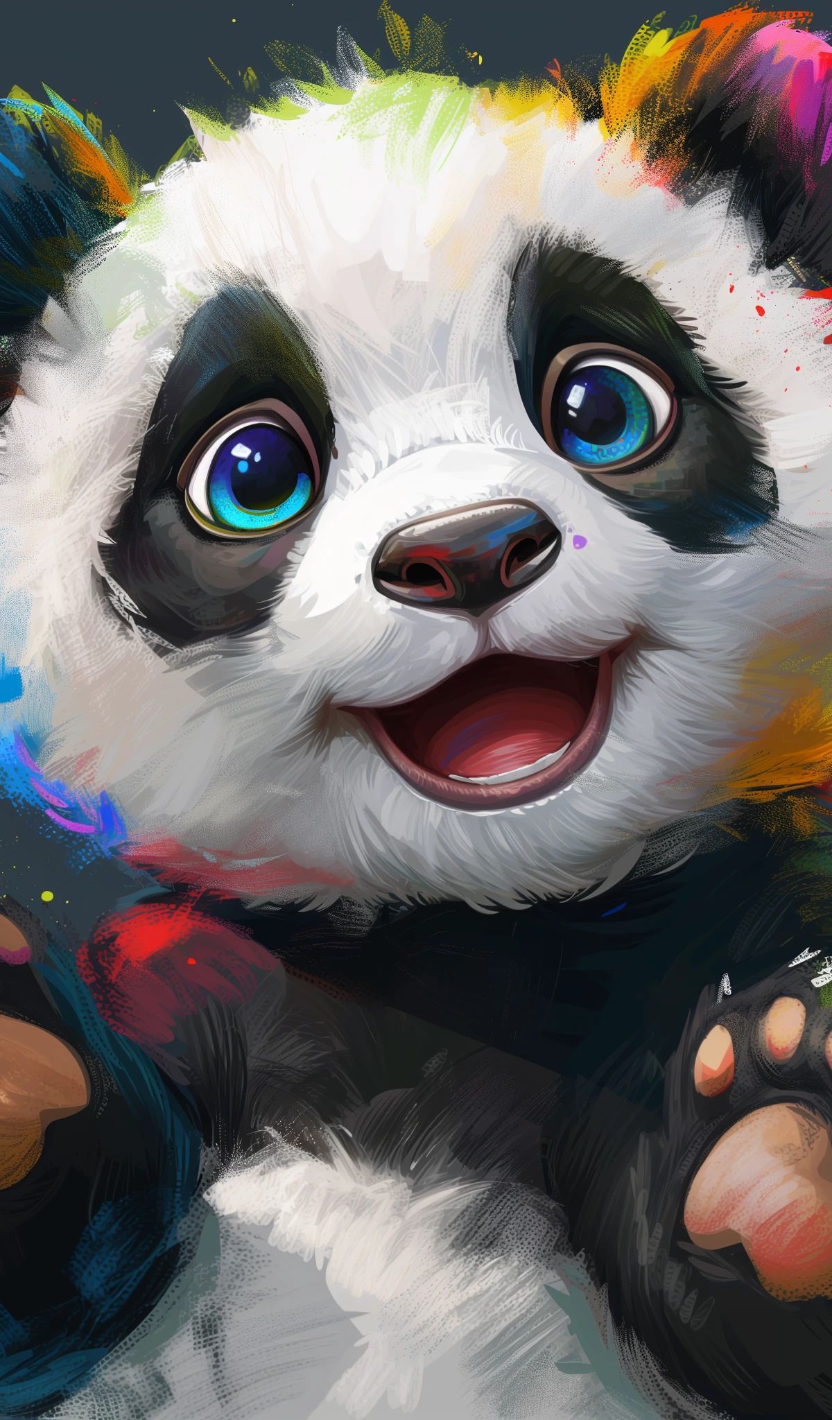 A joyful cartoon panda with large blue eyes and open-mouthed smile, featuring white and black fur with dark paws, surrounded by colorful paint splashes in blue, purple, orange, yellow, and green against a gray background