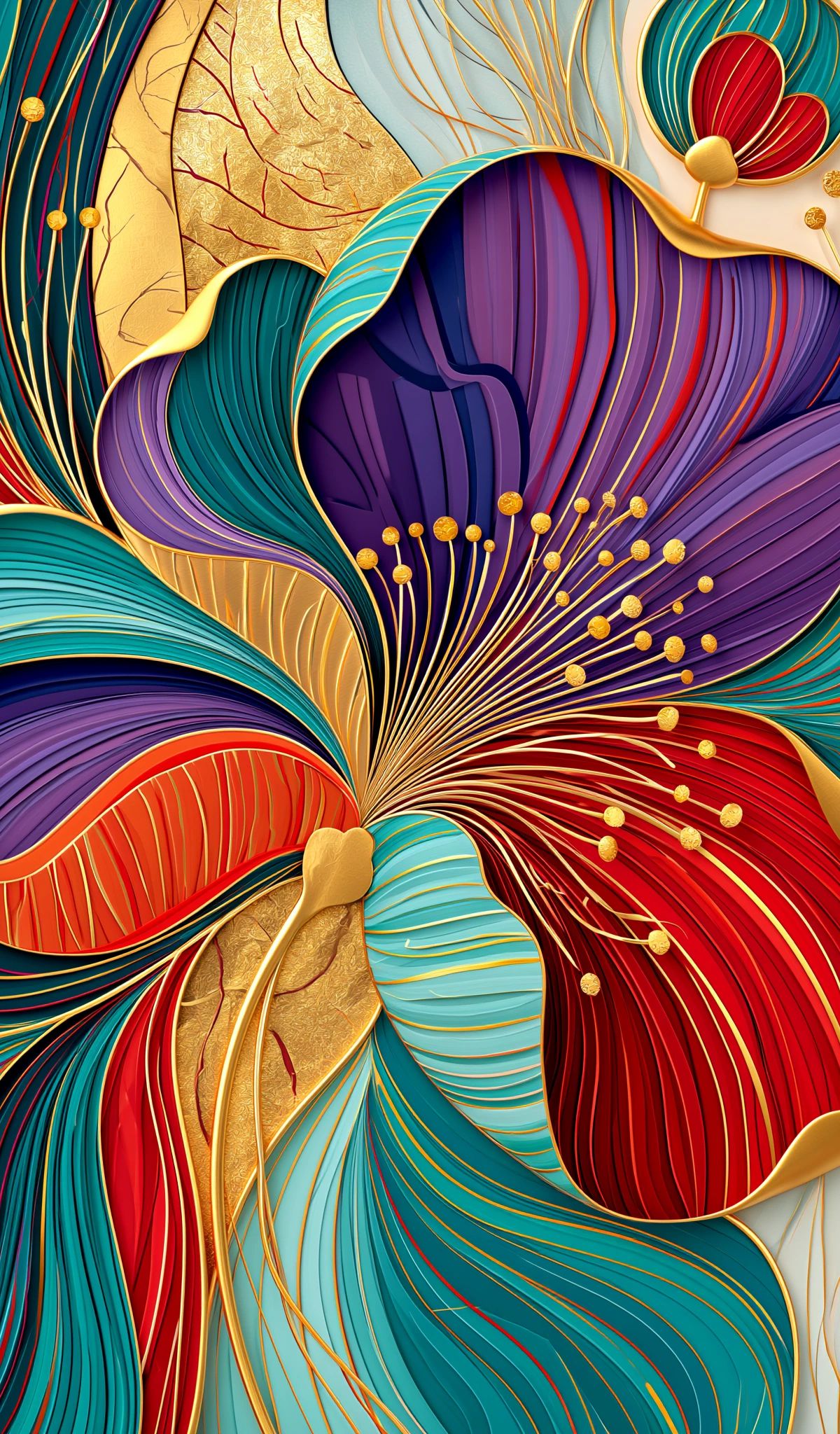 Ornate paper-cut style flowers with layered petals in purple, teal, and red, decorated with golden stamens and metallic accents on a cream background