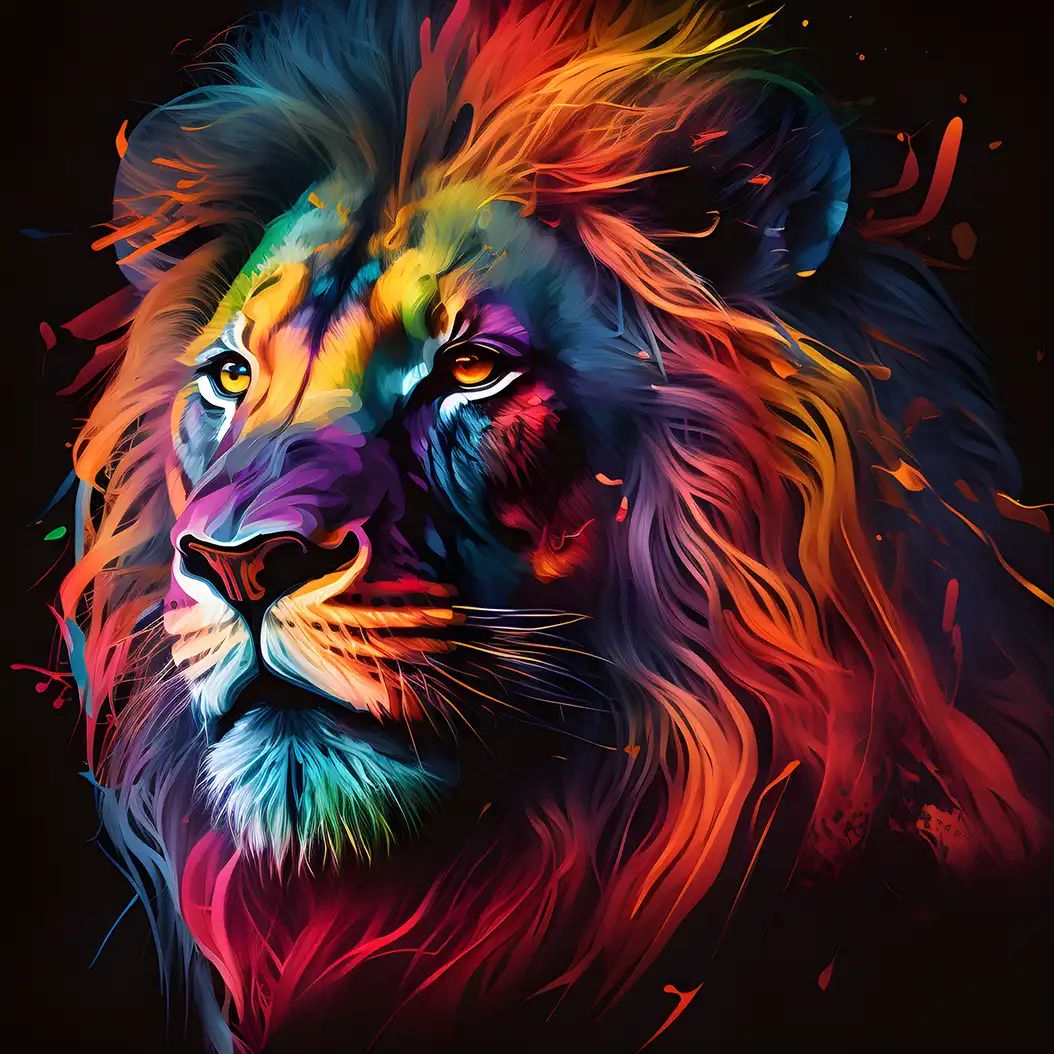 Colorful digital illustration of a lion's face with a vividly painted mane in rainbow hues against a black background.
