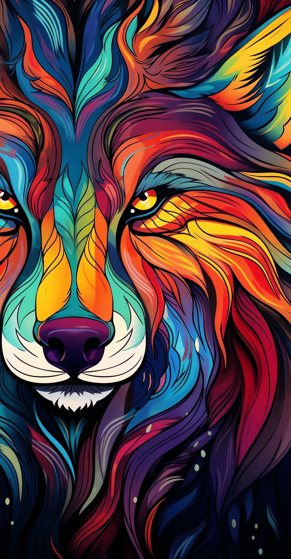 A colorful lion's head with swirling multicolored mane in reds, oranges, blues, teals, and purples, featuring bright golden eyes and white facial markings against a dark background with scattered light spots.
