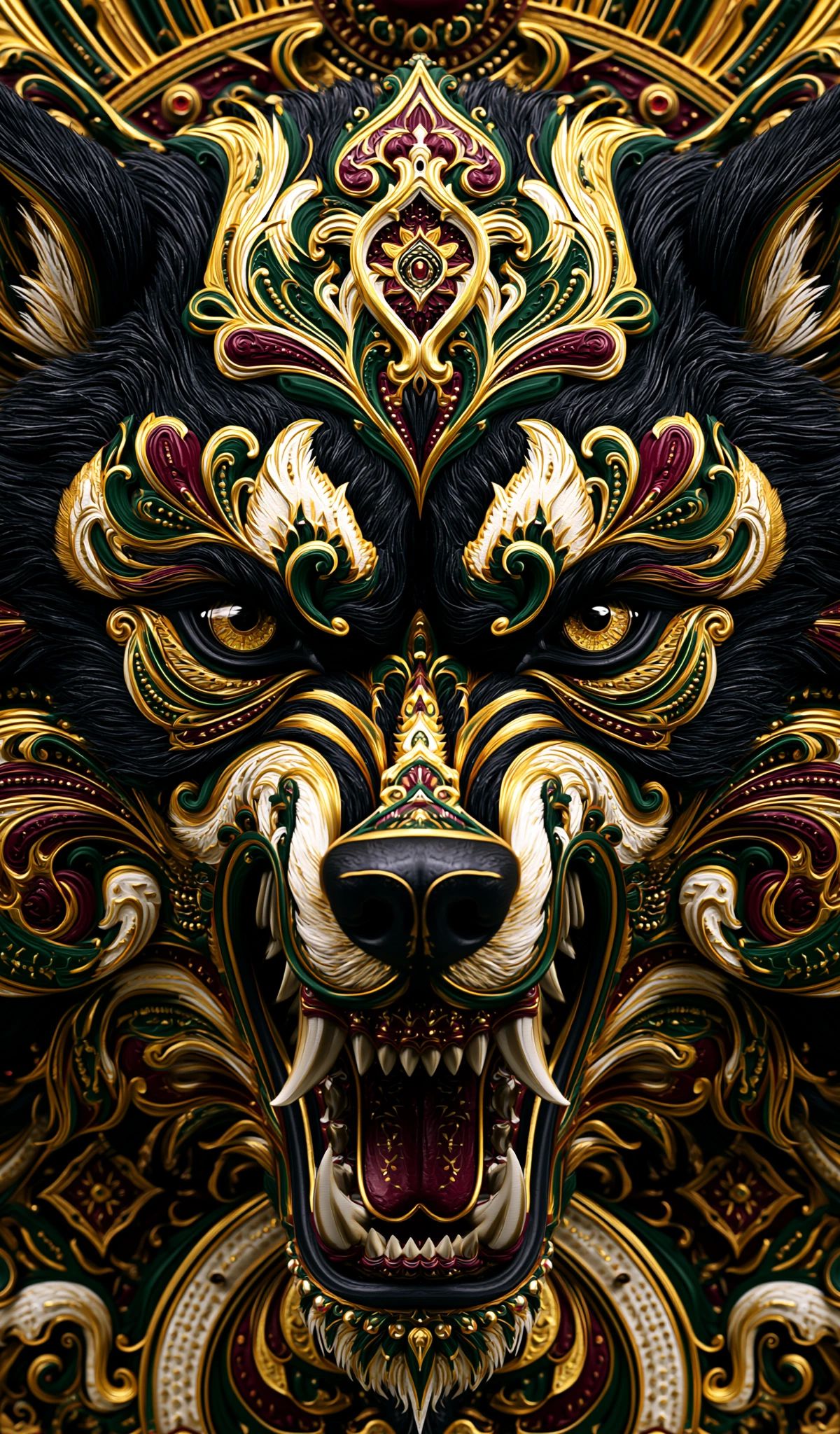 A detailed illustration of a roaring lion's face with ornate gold, burgundy, and emerald decorative patterns surrounding it in baroque style
