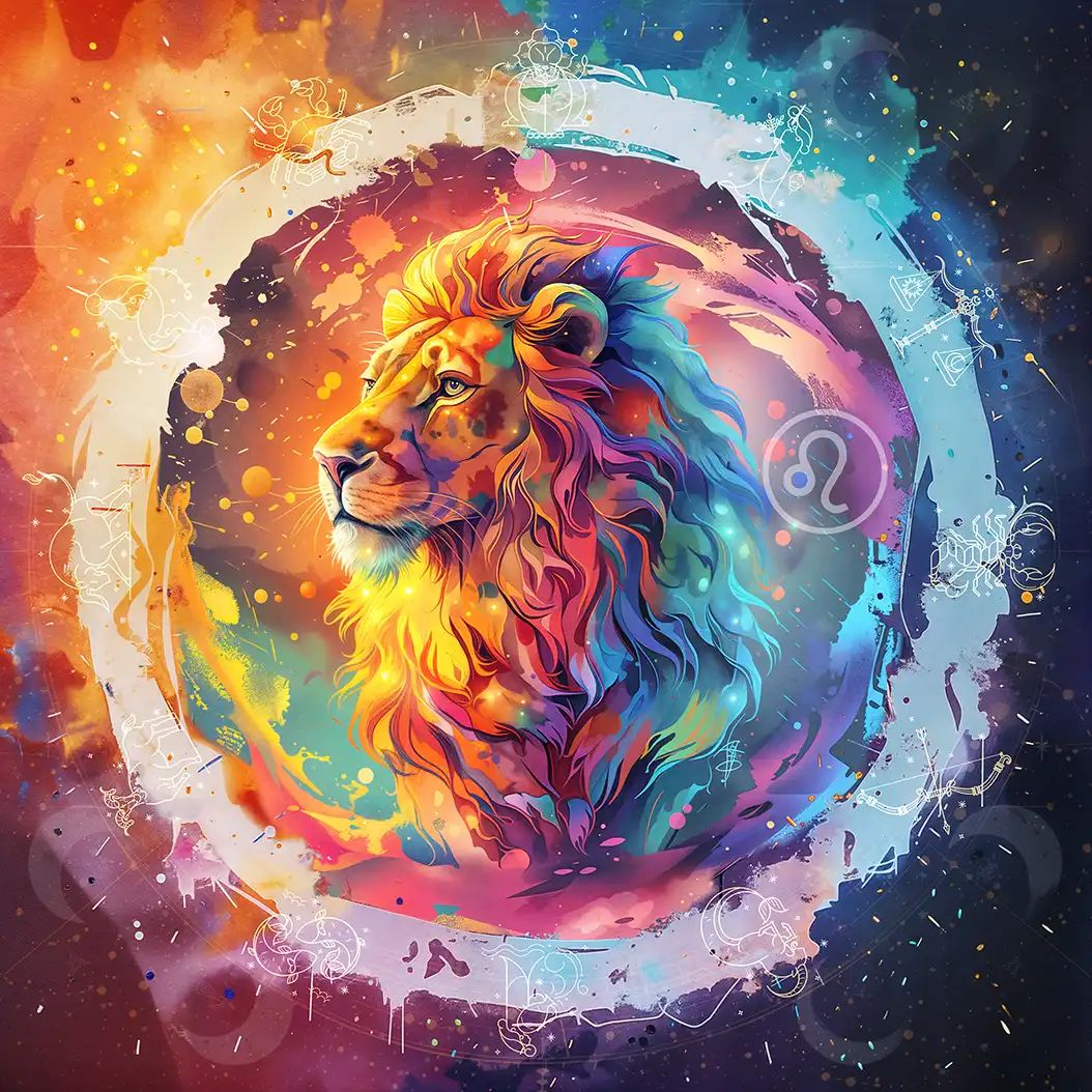 Colorful digital illustration of a lion's head representing the Leo zodiac sign, surrounded by a circular watercolor splash design with astrological symbols.