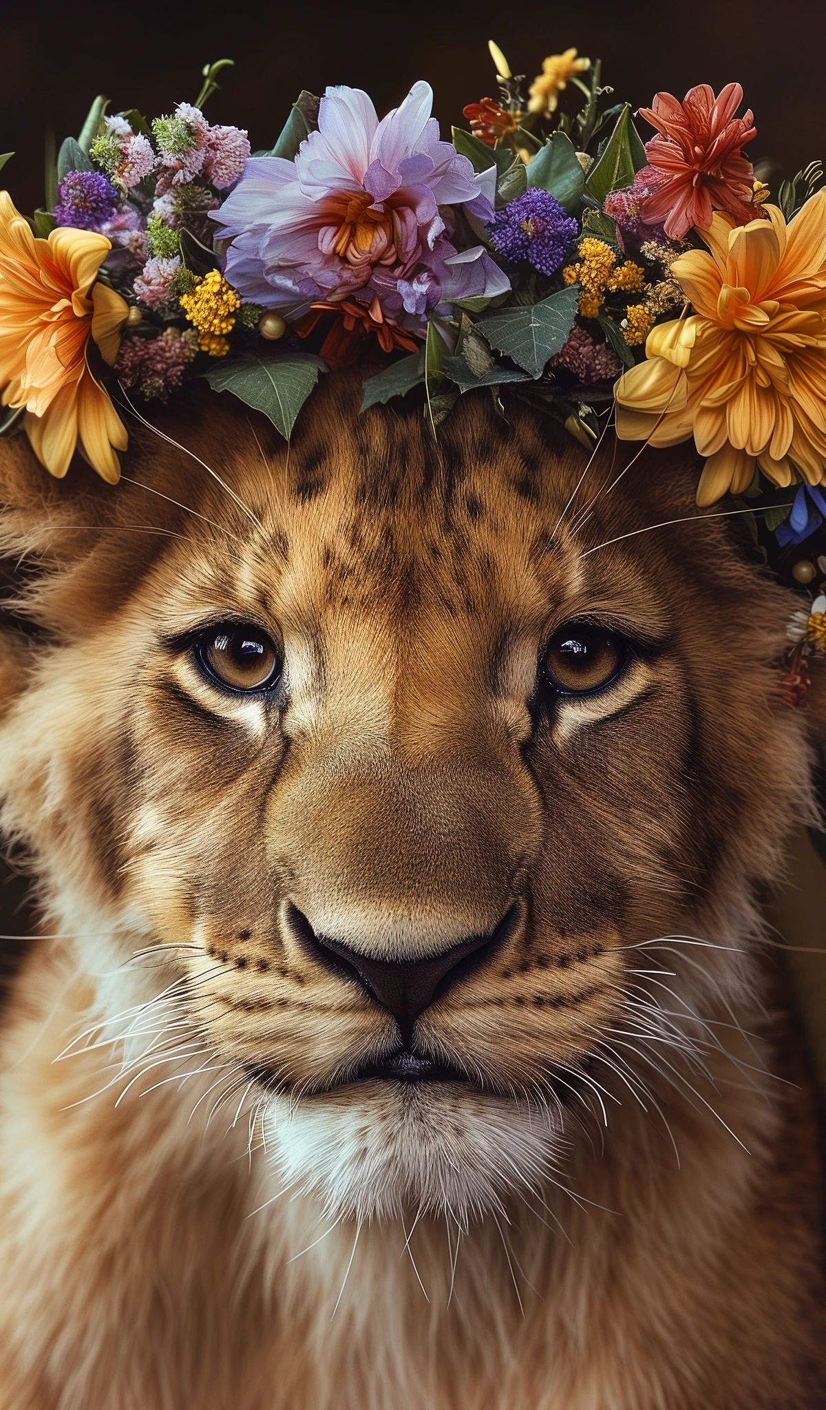 A lioness wearing a large floral crown made of yellow daisies, purple flowers, and coral blooms against a dark background