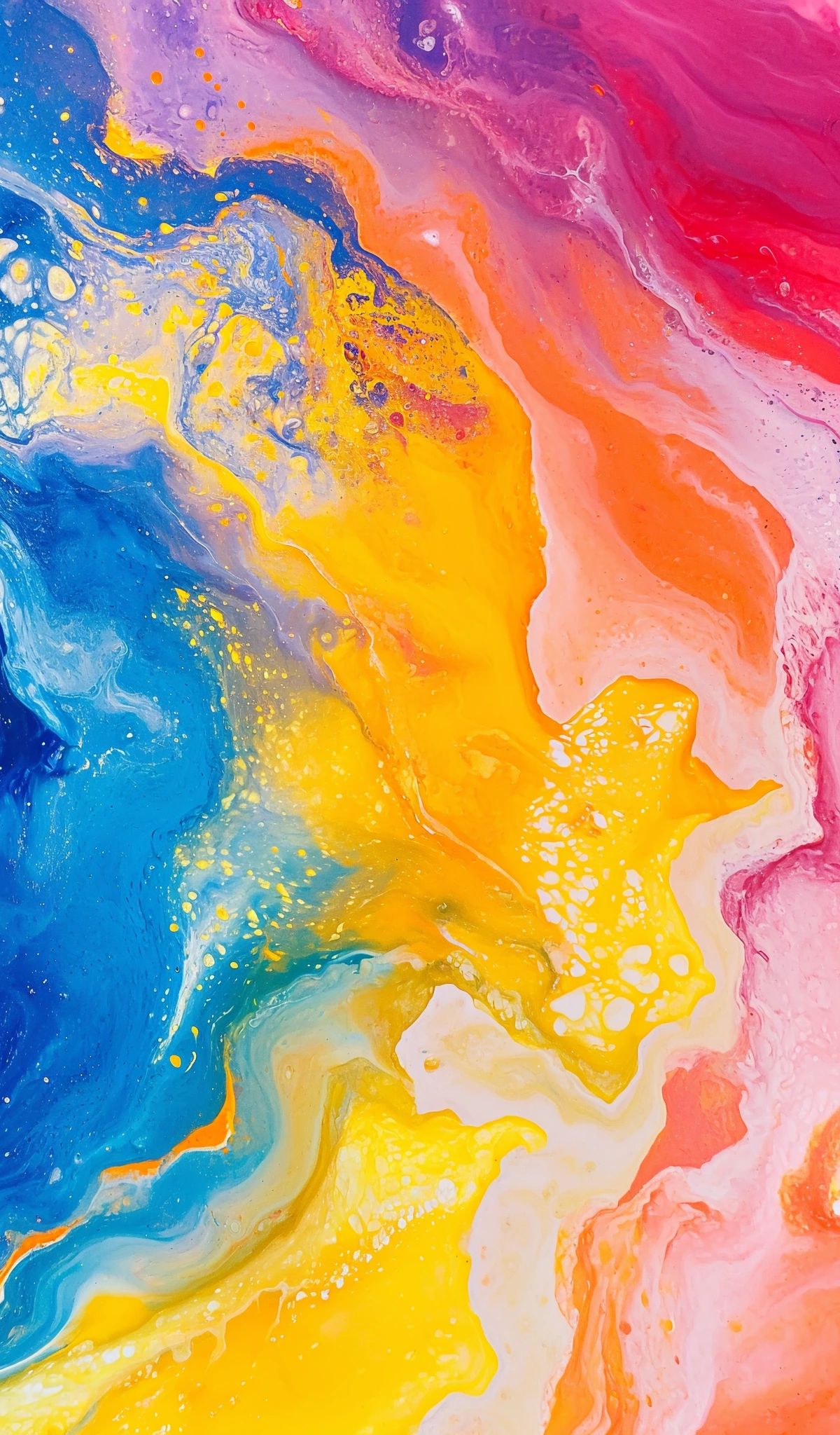 Abstract fluid art with flowing waves of blue, yellow, orange, pink, and magenta colors creating organic, swirling patterns