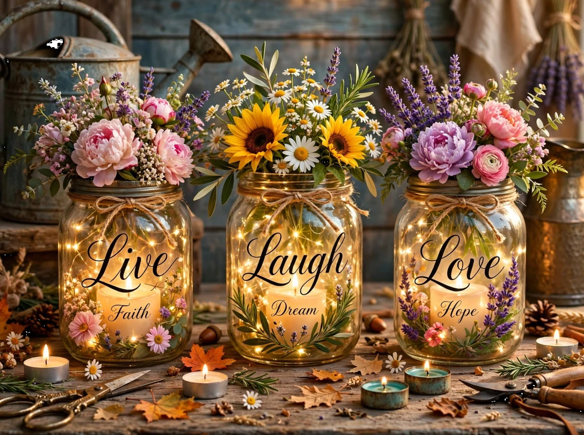 Three illuminated mason jars with inspirational text and colorful flowers, surrounded by dried leaves, candles, and rustic garden tools on a weathered wooden surface