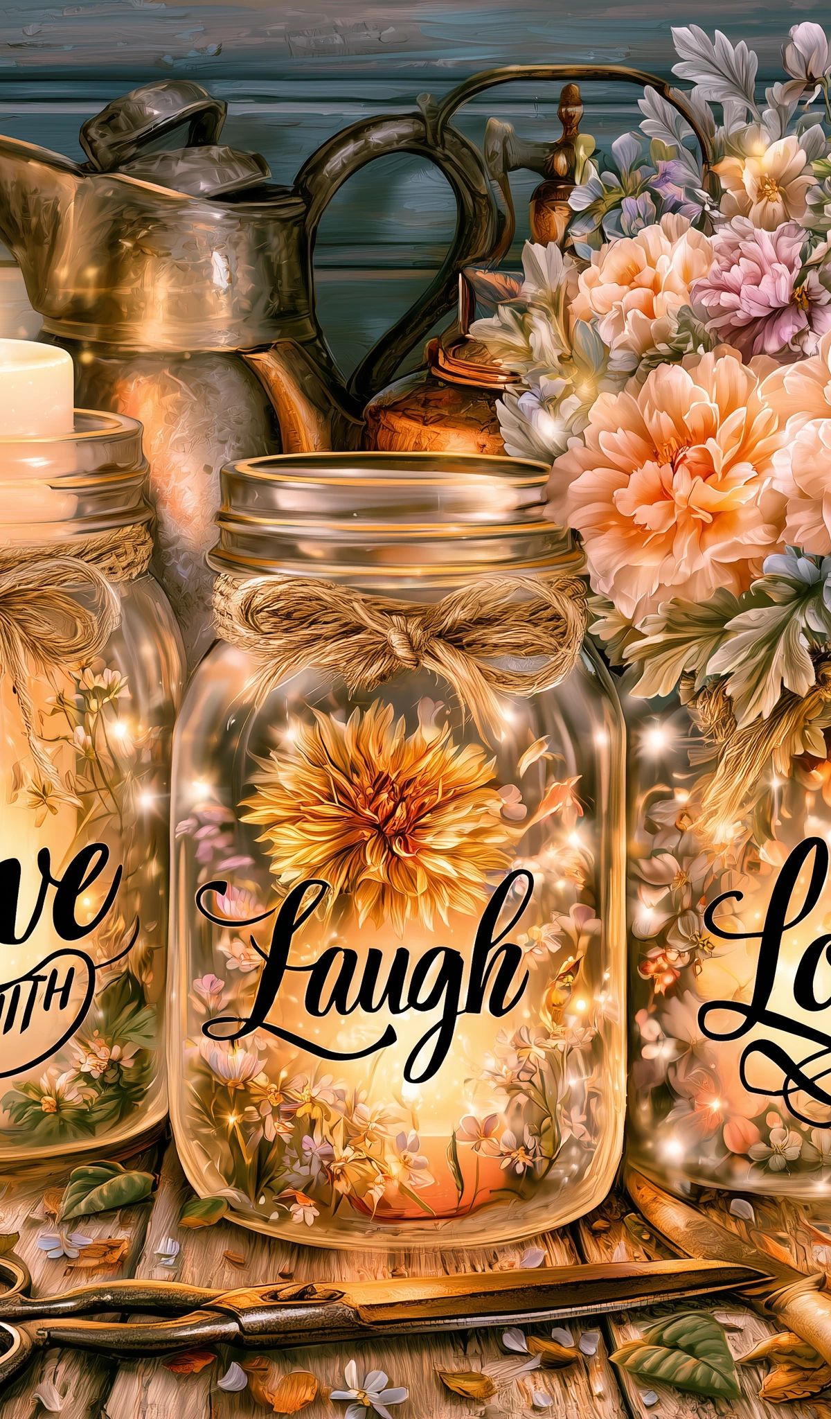 Three glass mason jars with rope handles displaying the words 'Live', 'Laugh', and 'Love', filled with glowing lights and surrounded by pink and peach flowers, vintage brass pitcher, scissors, and lit candles on a wooden surface