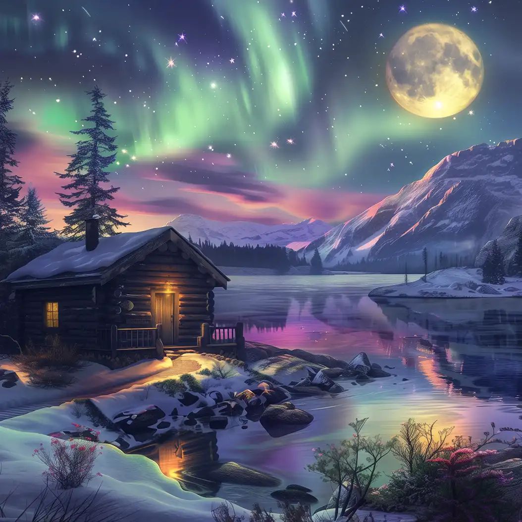 Cozy snowy log cabin beneath northern lights and moonlit mountains in a winter fantasy scene.