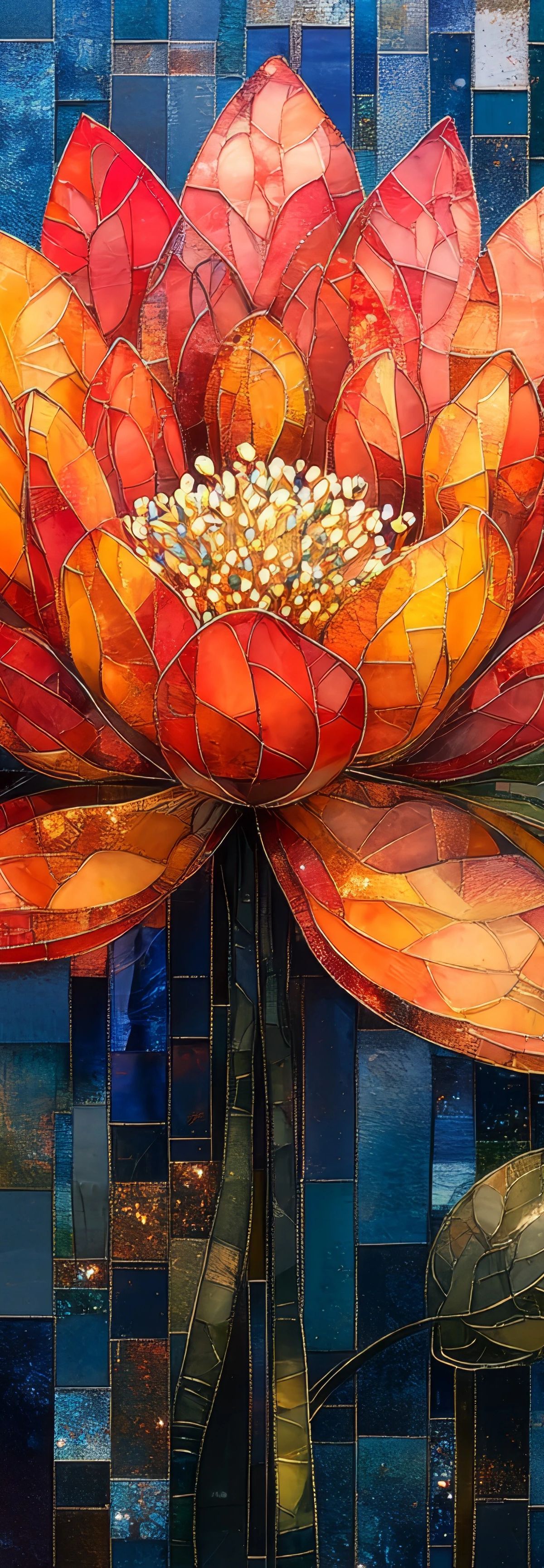 A stained glass mosaic artwork depicting a glowing red and orange lotus flower with detailed petals and golden stamens, surrounded by a blue and teal geometric tile background