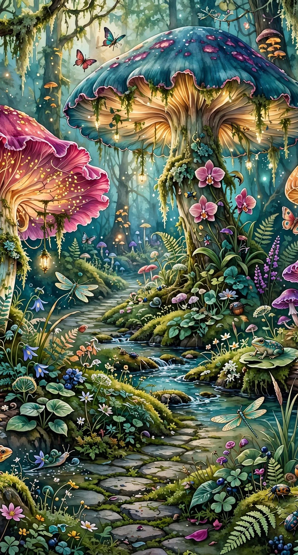 A detailed fantasy forest scene featuring oversized glowing mushrooms in purple, blue, and gold tones, with a small stream running through moss-covered ground surrounded by ferns, flowers, butterflies, and woodland animals like squirrels and owls.