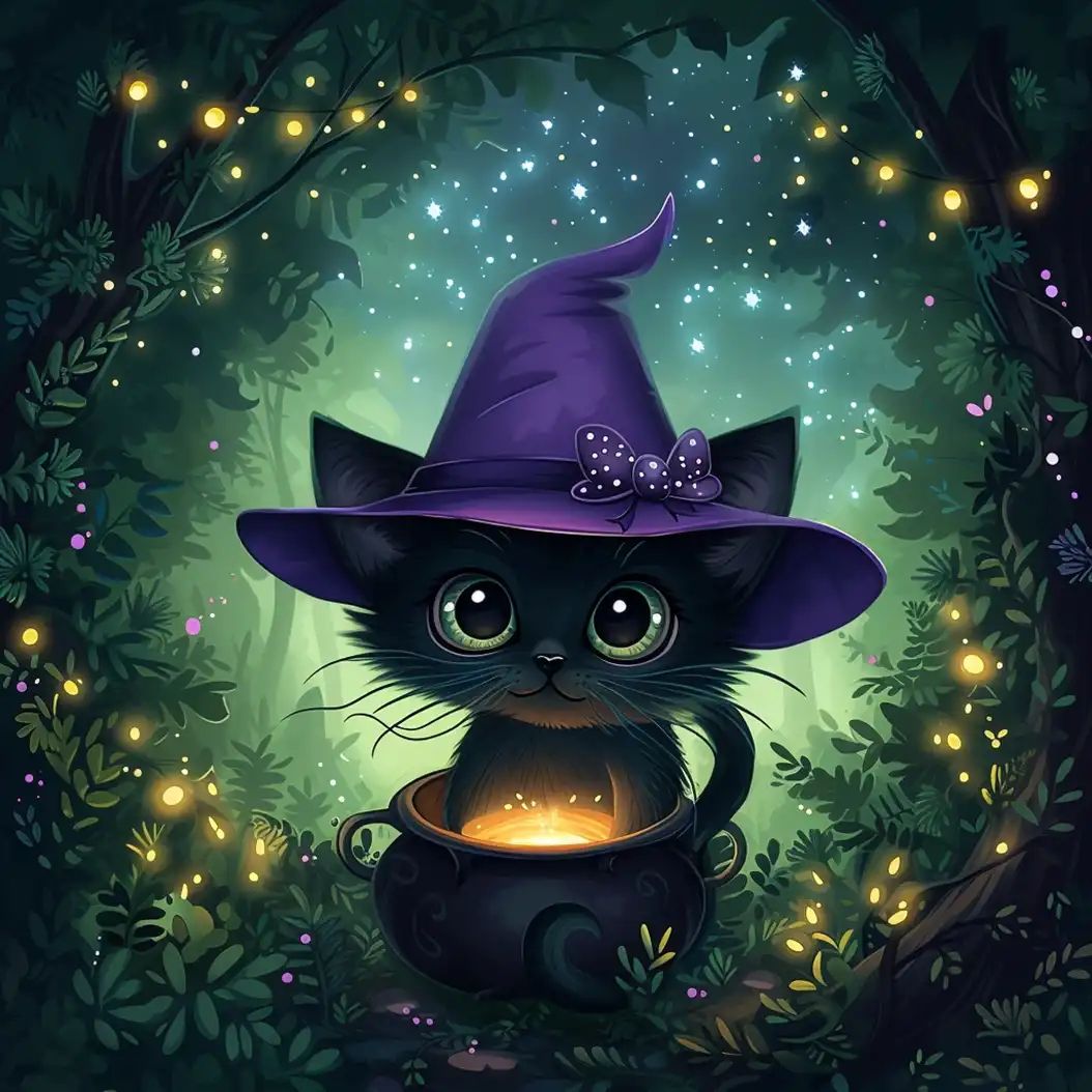 Fantasy illustration of a magical black cat wearing a wizard hat beside a glowing cauldron.