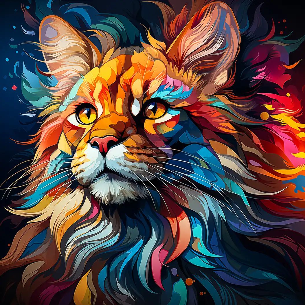 Artistic colorful illustration of a majestic Maine Coon cat with vivid fur textures and glowing eyes.