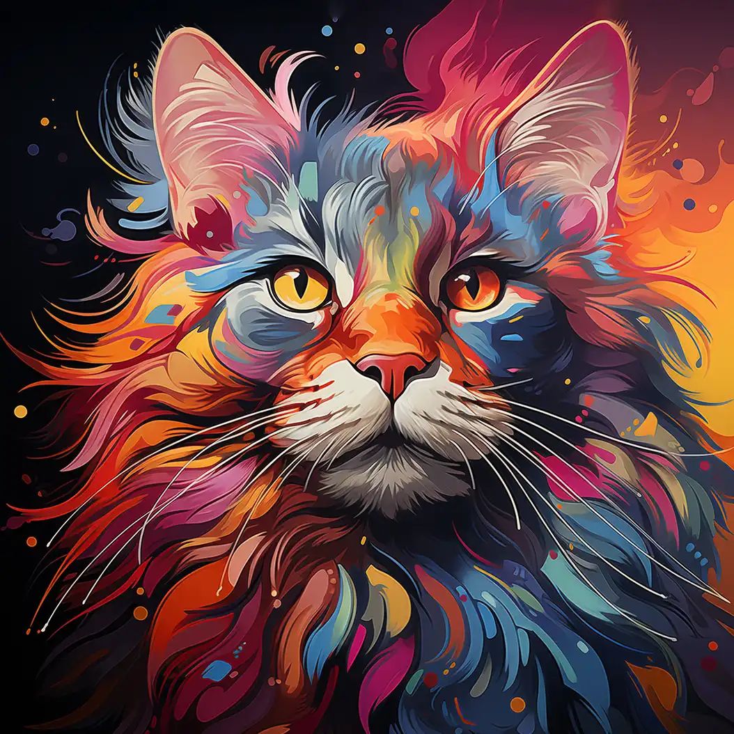 Vibrant portrait of a fluffy Maine Coon cat with colorful fur and glowing amber eyes.