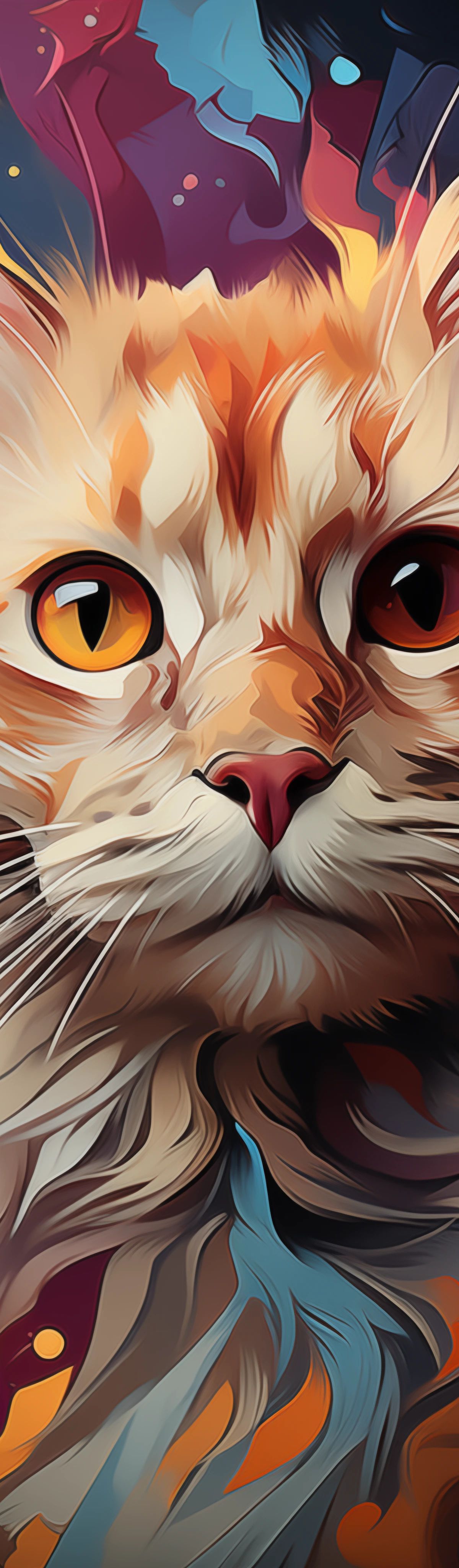 Digital art portrait of a long-haired white and orange cat with golden eyes, set against a colorful abstract background with blue, pink, and orange swirling patterns