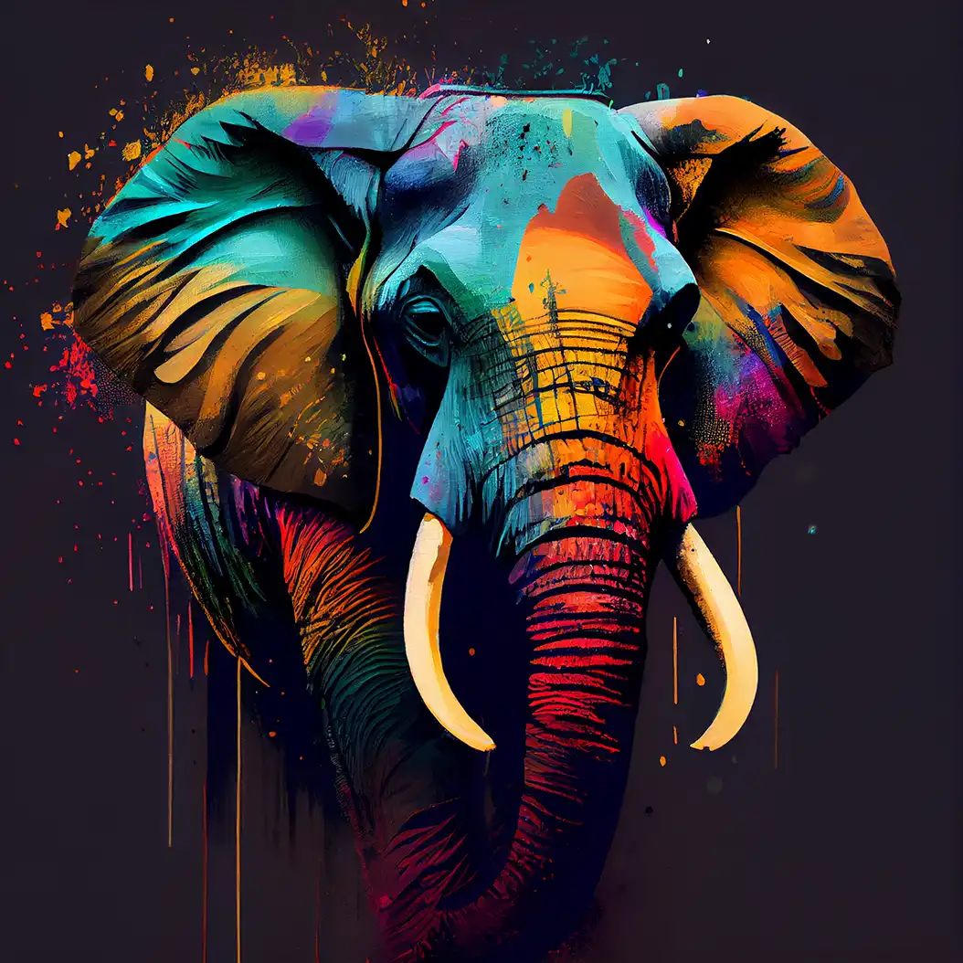 Majestic elephant portrait painted in vibrant neon colors with abstract splashes.