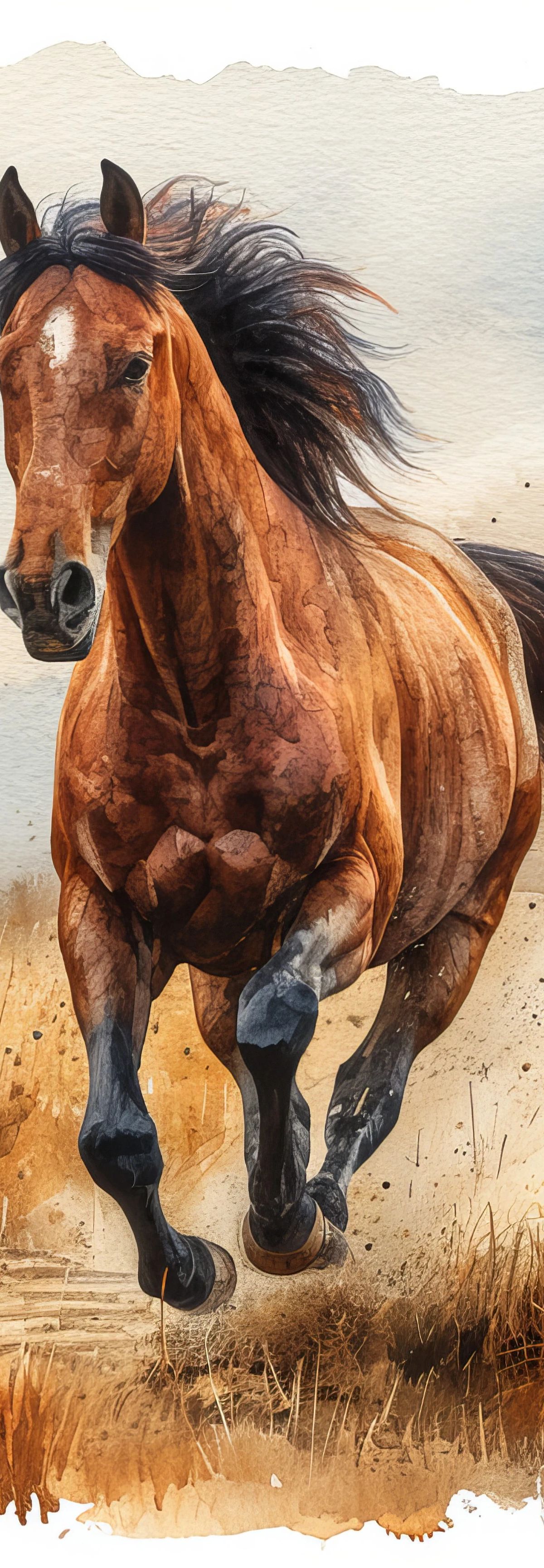 A chestnut-colored horse with black mane and tail running through a field of golden grass under a soft, cloudy sky, rendered in watercolor style.