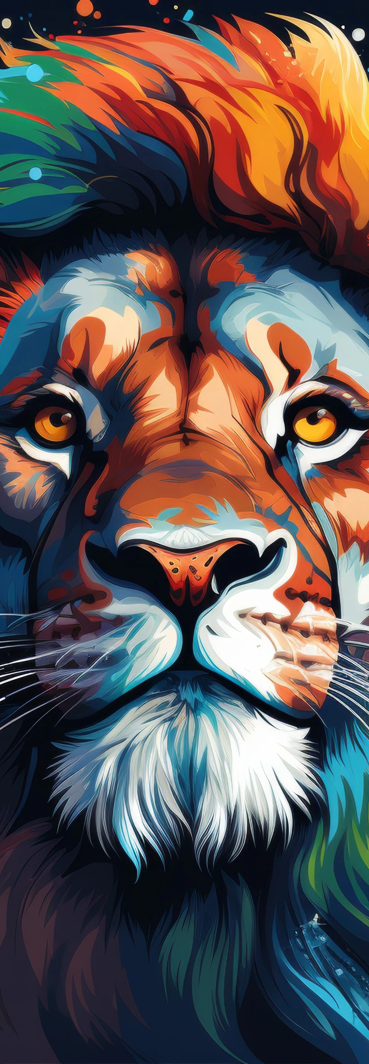 A colorful portrait of a lion's head with a flowing mane in vibrant orange, blue, yellow, and red tones against a dark background, adorned with decorative sparkles and light particles.