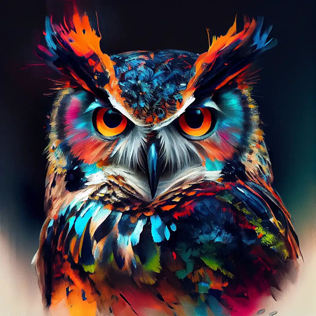 Majestic owl portrait with glowing feathers and intense colorful eyes.