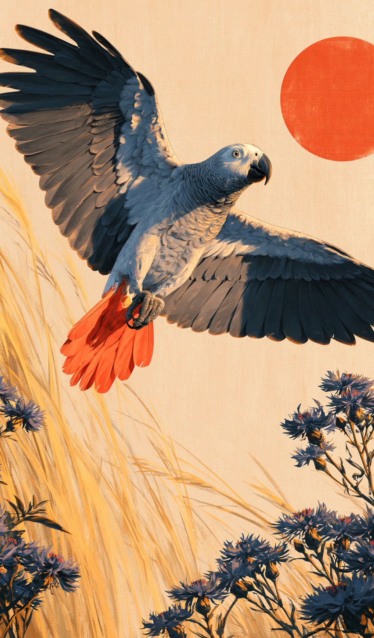 A blue and gray parrot with red tail feathers flying among golden grasses and blue flowers, with a large red sun in the background, rendered in an Asian art style