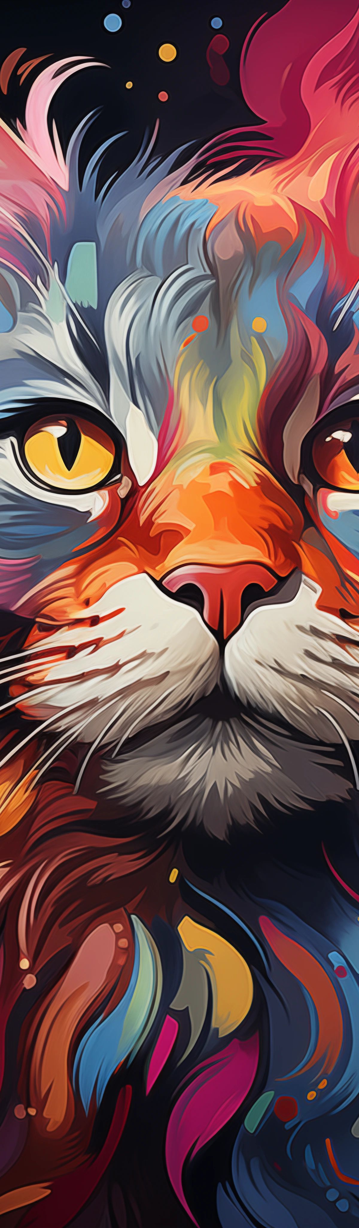 Colorful abstract portrait of a fluffy cat with intense golden eyes, surrounded by swirling multicolored fur in shades of red, orange, blue, pink, and yellow against a dark background
