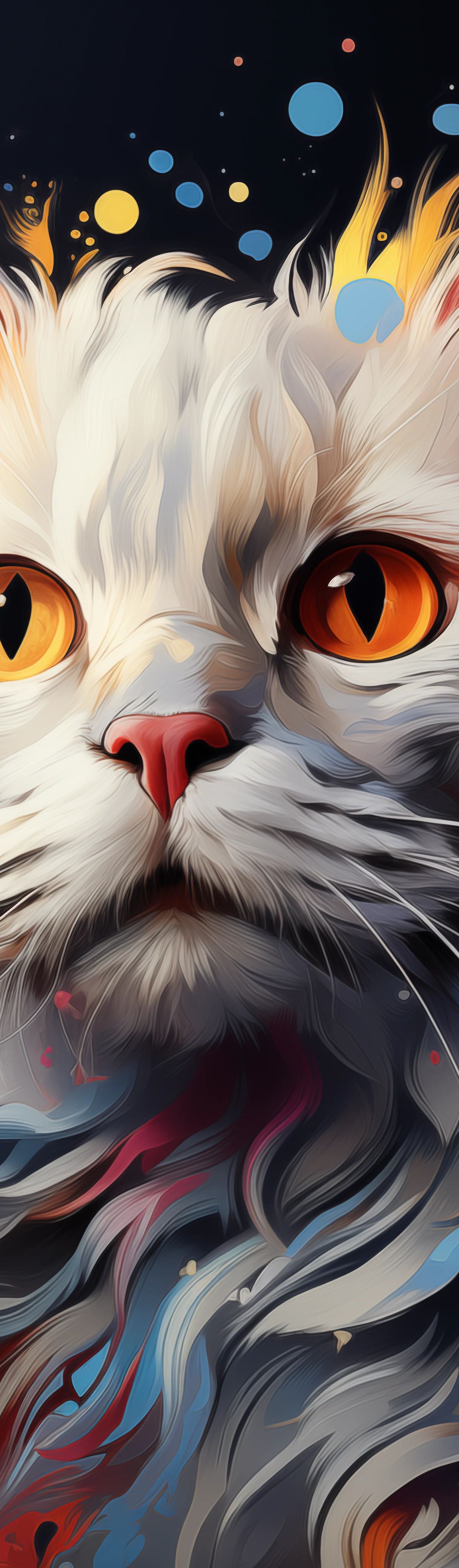 Digital artwork of a white fluffy cat with glowing orange eyes, surrounded by colorful swirling patterns in orange, blue, pink, and purple against a dark background