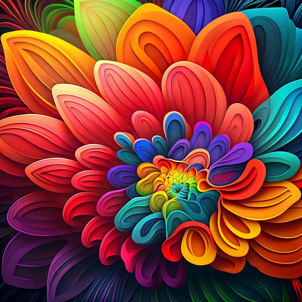 Abstract colorful floral design inspired by mallow flower petals with layered rainbow shapes.