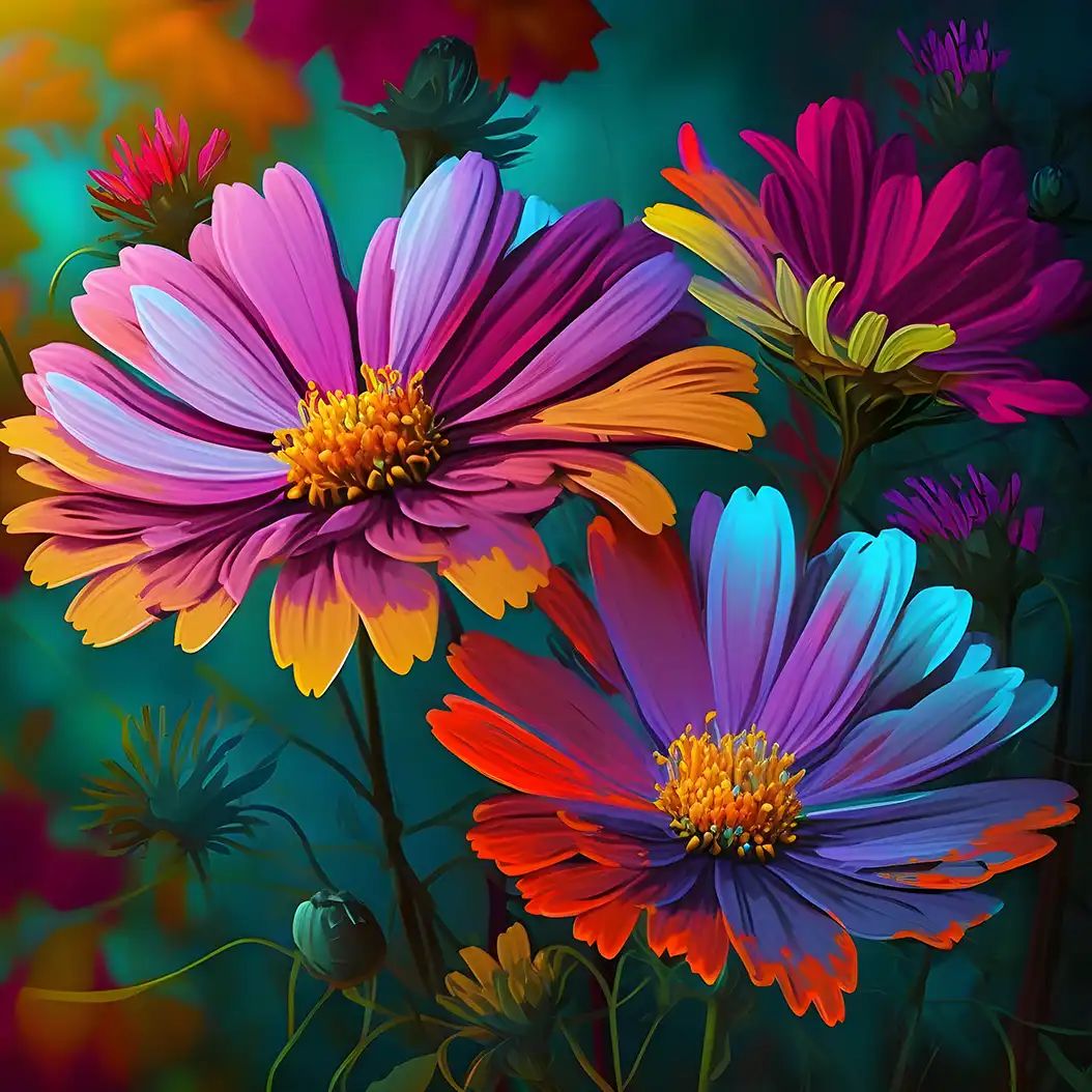 Vibrant floral illustration of blooming Mexican asters with glowing colorful petals and lush foliage.