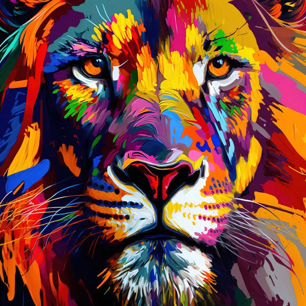 Vibrant pop-art portrait of a majestic lion with colorful neon fur and glowing eyes.
