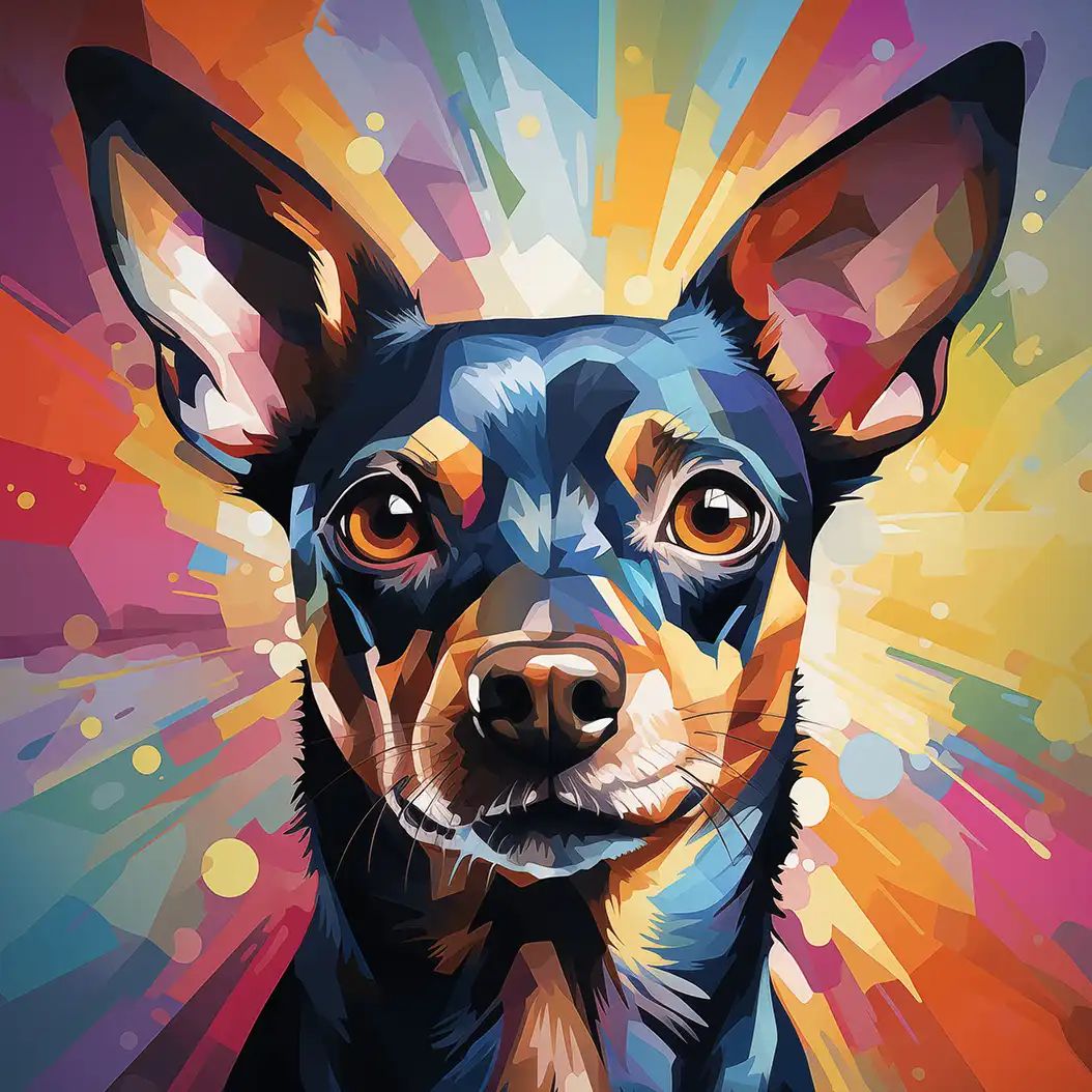 Bright artistic portrait of a Miniature Pinscher dog with colorful geometric background and expressive eyes.